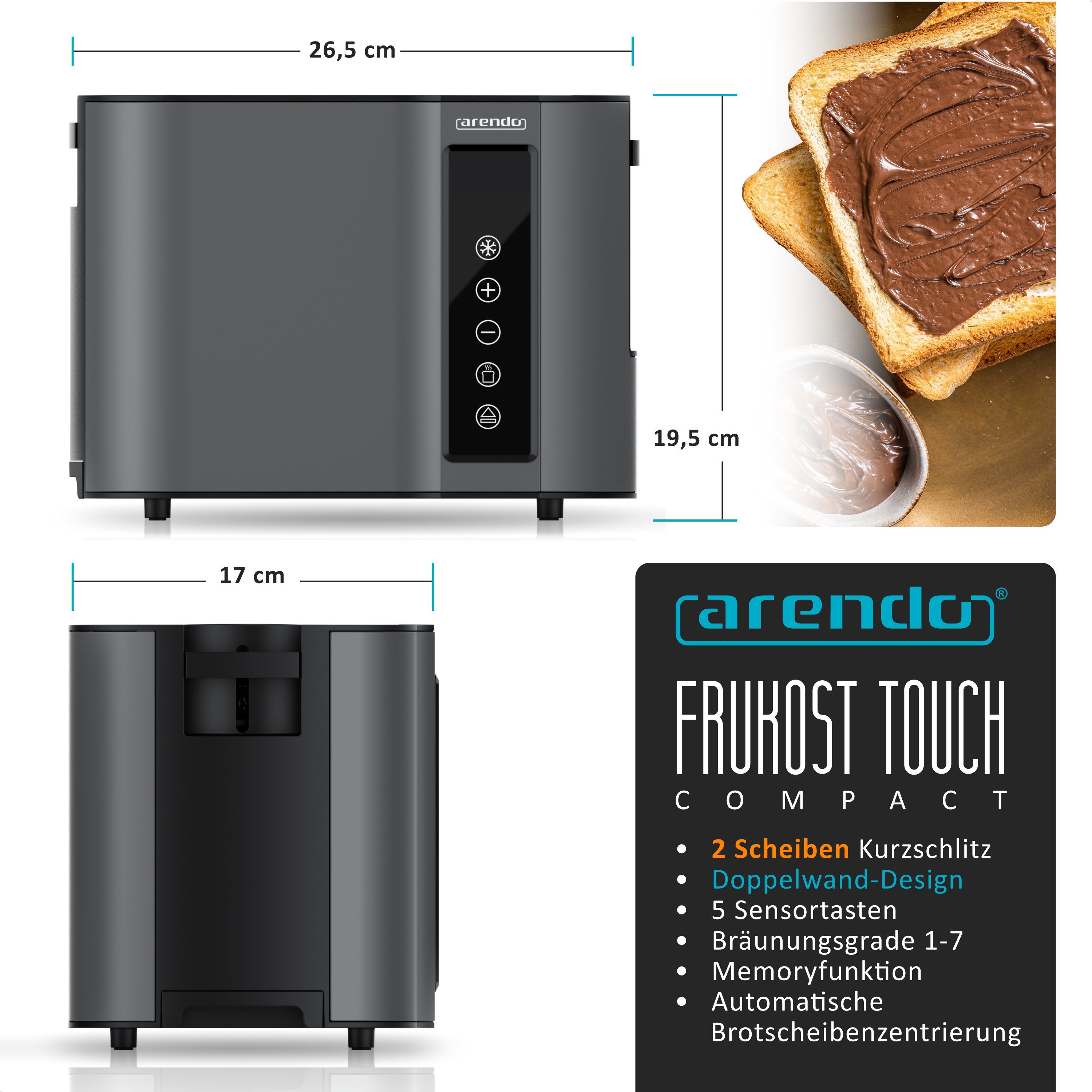 Arendo Toaster 2-Scheiben, Wärmeisoliertes Doppelwandgehäuse, Display Restzeitanzeige, 2 kurze Schlitze, für 2 Scheiben, 800 W, Kurzschlitz, Brötchenaufsatz, 7 Bräunungsgrade, Touchpanel