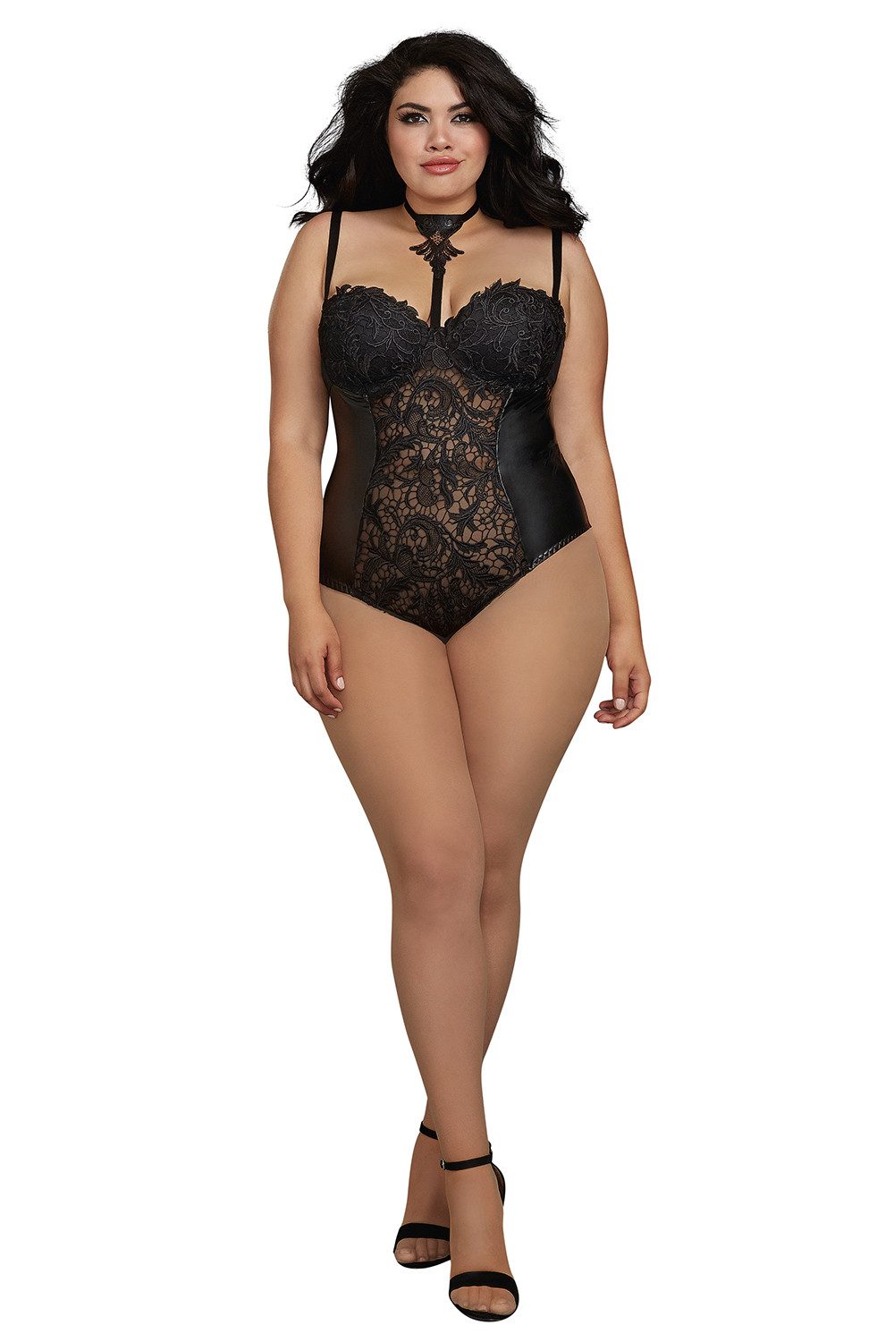 Dreamgirl Stringbody Plus Size Dessous Body aus Spitze und Kunstleder schwarz mit Bügelcups