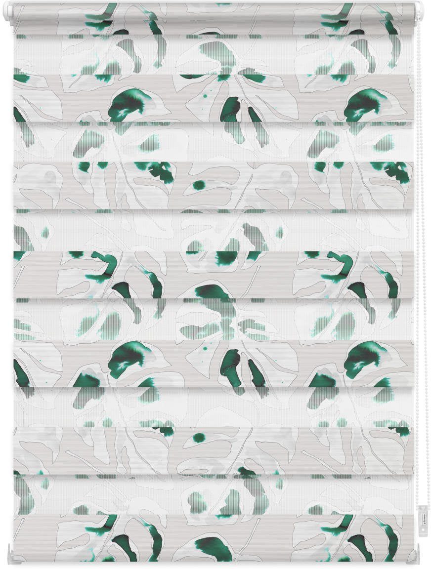 Doppelrollo Duo Rollo Klemmfix, ohne Bohren, blickdicht, Monstera - Schwarz, LICHTBLICK ORIGINAL, halbtransparent, freihängend, Klemmfix