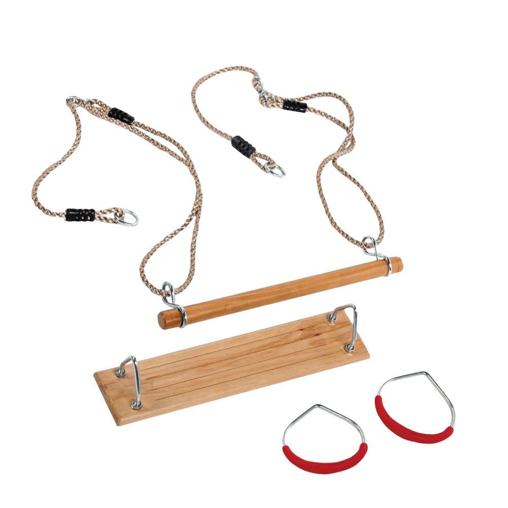 Wickey Spielturm-Spielzeugset Turngeräte-Set – Schaukel, Trapez, Ringe & Turnreck aus Holz, (Turngeräte Multiset Spielturm & Schaukel für Bewegung, Gleichgewicht & Kraft, 4-teiliges Komplettset - bewegungsfördernd & spaßorientiert zugleich), Hochwertige Materialien – robust & wetterfest - Belastbar bis je 70 kg