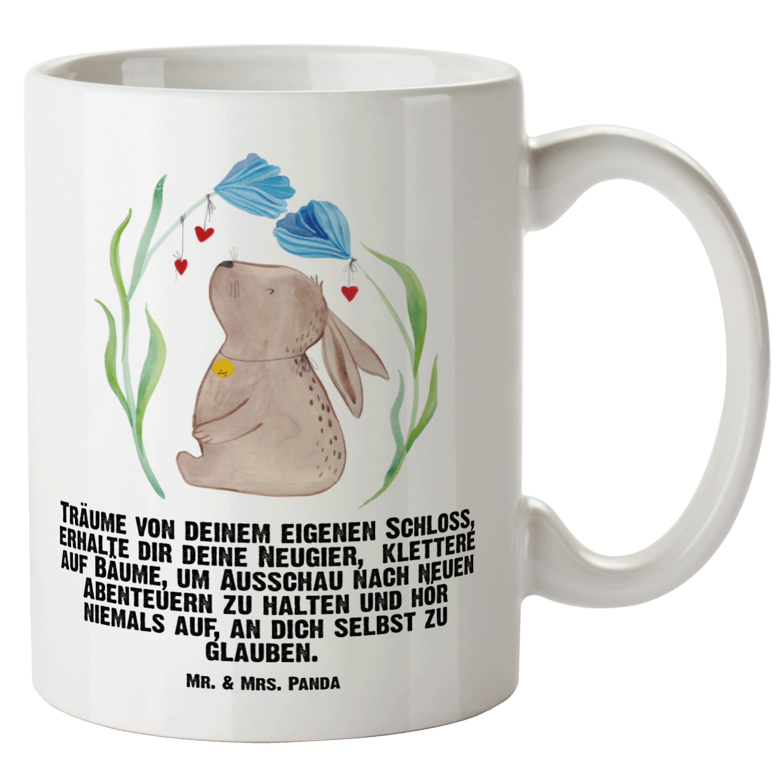 Mr. & Mrs. Panda Tasse Hase Blume - Weiß - Geschenk, Geschenk zu Ostern, XL Becher, XL Tasse, XL Tasse Keramik