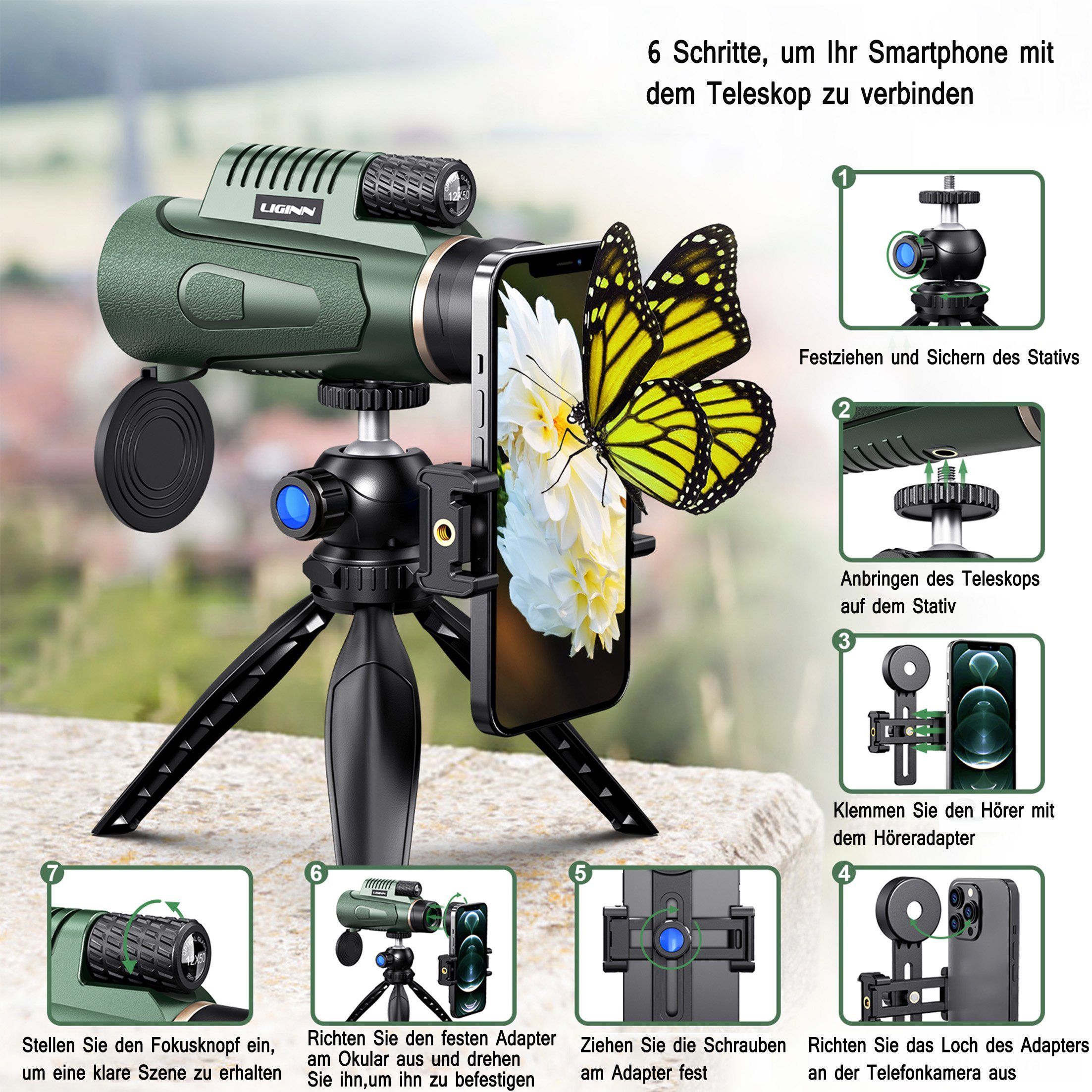 LeiGo Monokular 12x50,HD-Teleskop,Monokular,mit + Stativ (12fache für Vergrößerung Grün Handy-Clip Fernglas Vogelbeobachtung/Sportspiele/Jagd/Reisen)