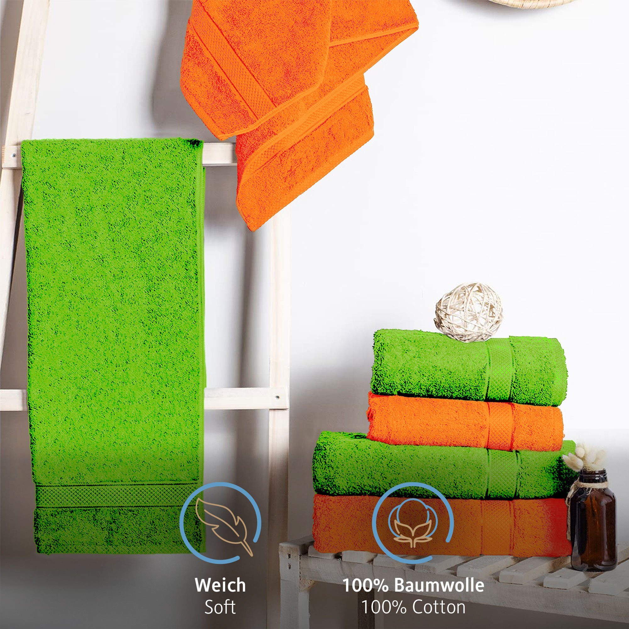 Komfortec Handtuch Set 100% Baumwolle, Badehandtuch Groß cm, & Orange&Pistaziengrün 4 8-tlg), und 4 XXL Saunatuch, Weich, Frottee, Badetücher 50x100 70x140 Towel, (Packung, Handtücher