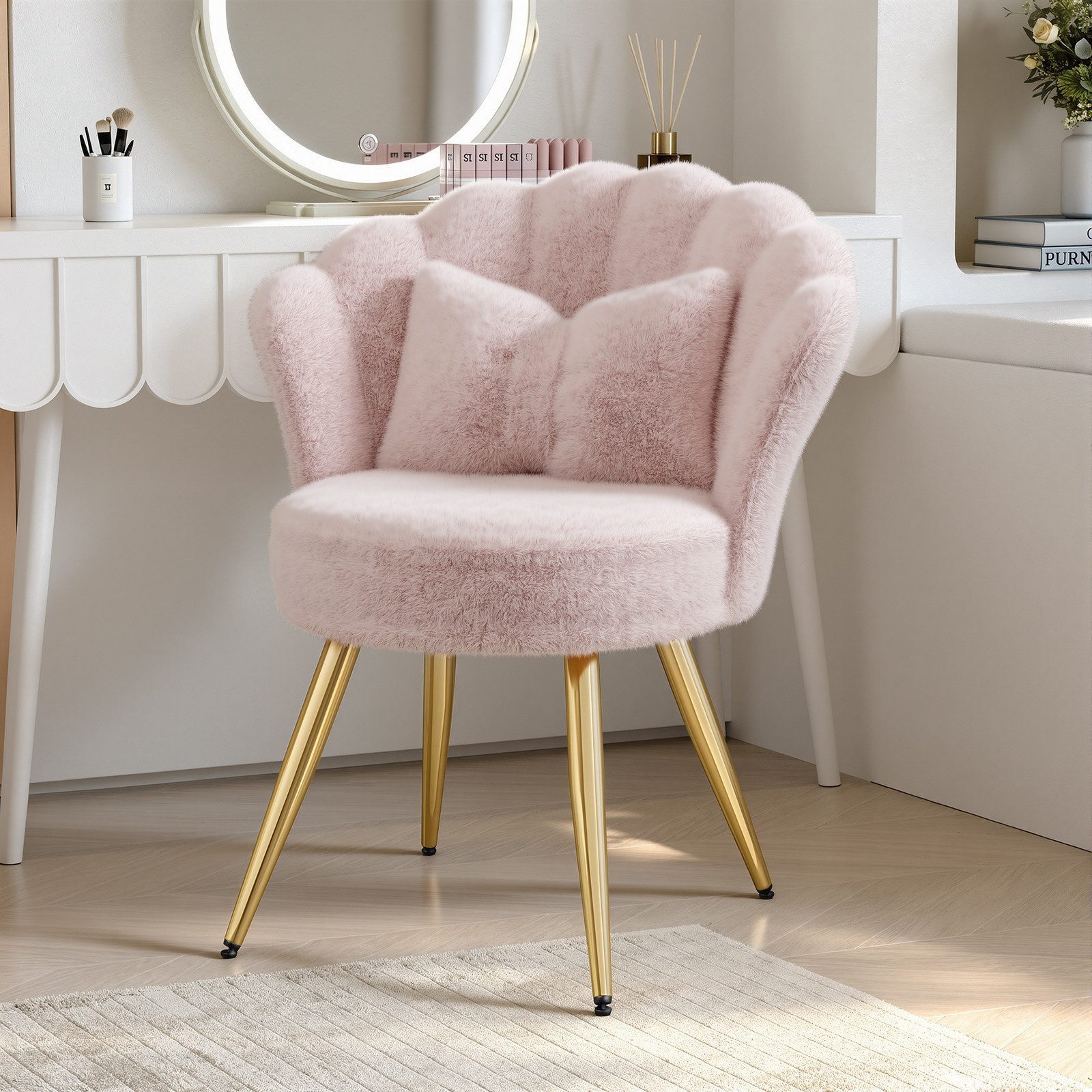 HawthyHome Polsterstuhl Samt im Blüten-Design mit Kissen (1 St), Schminktischstuhl mit Goldbeinen für Schlafzimmer & Wohnzimmer