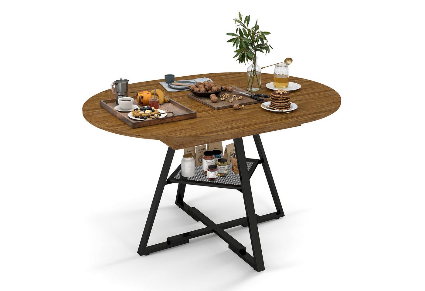 Puluomis Esstisch 100-130cm ausziehbar mit versteckte Fächer, offene Regale, 120kg Tragkraft, für Wohnzimmer, Esszimmer