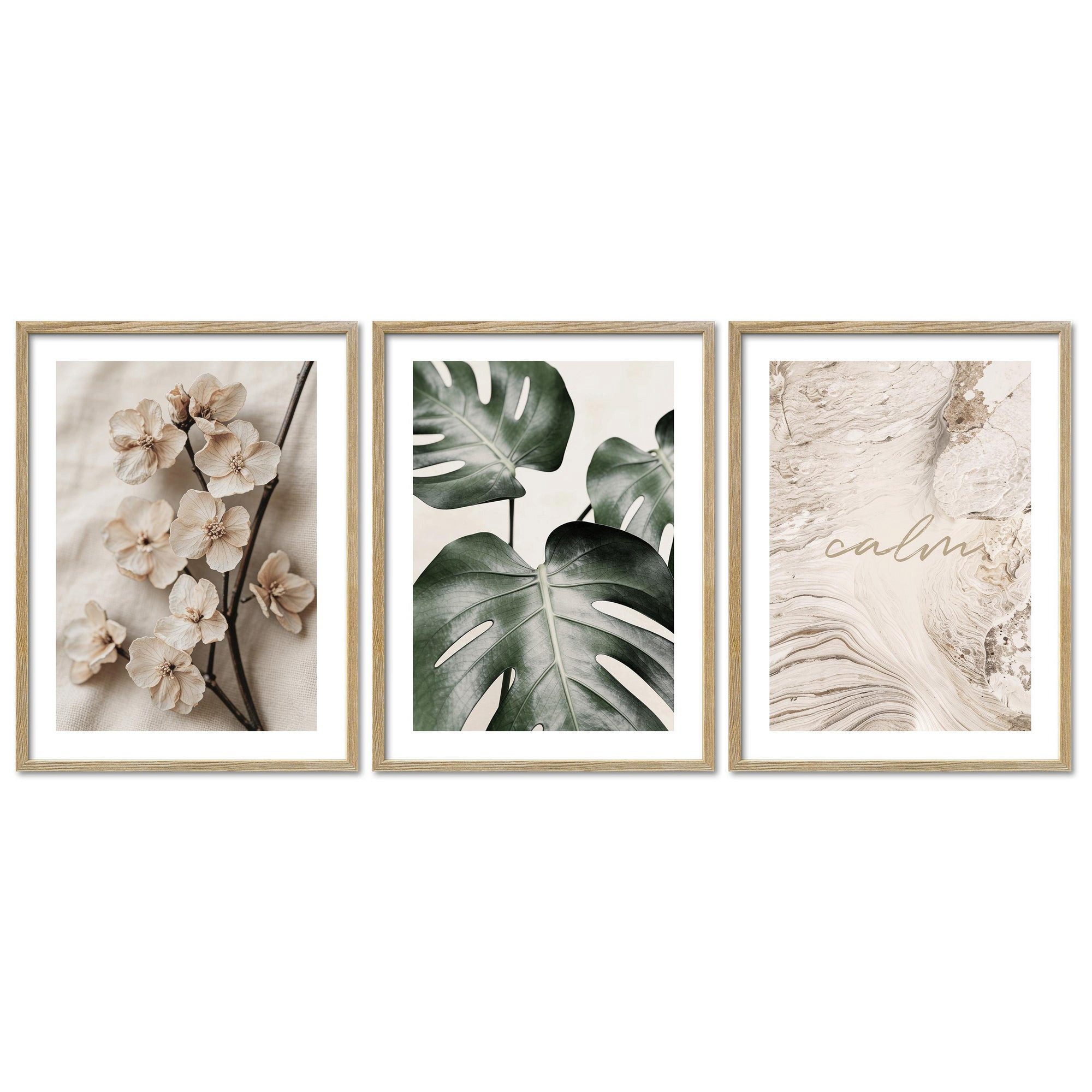 ARTFAVES Bilder-Collage Poster Set Beige Green Calmness Trio I mehrteilige Bilderwand I Wandbi, (Wandbilder modern, 3 St)