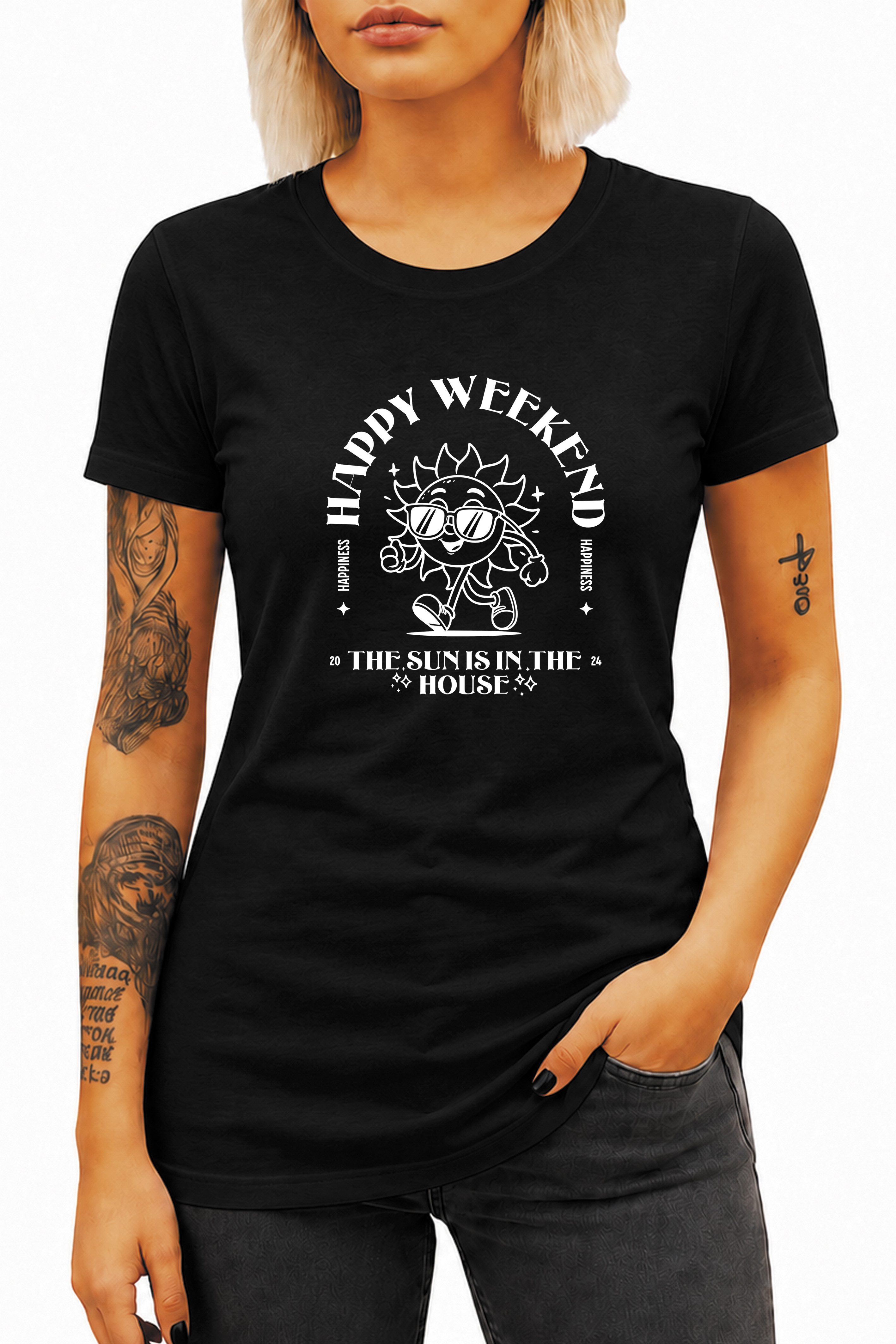 Banco T-Shirt Damen Happy Weekend Sonnen-Print Rundhals Baumwolle 100% Baumwolle