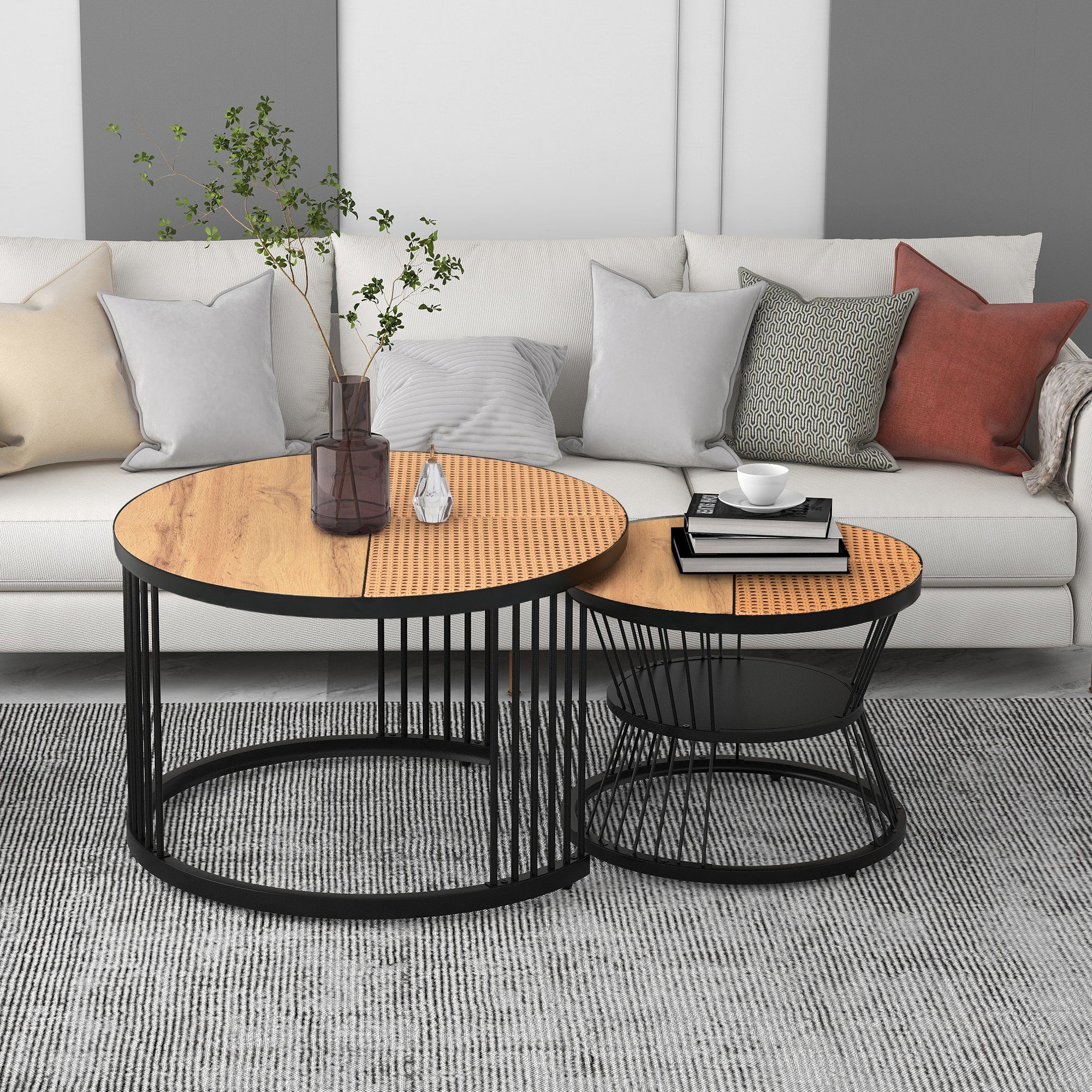 REDOM Endtische Design), Runde Design Schlafzimmer Sofa Set, Marmor 2er Tischen Beistelltisch Dauerhaft und Braun+Schwarz Safety Furnier Couchtisch Nest Balkon und (Solid von Seite Smart Satz für Einzigartigrd