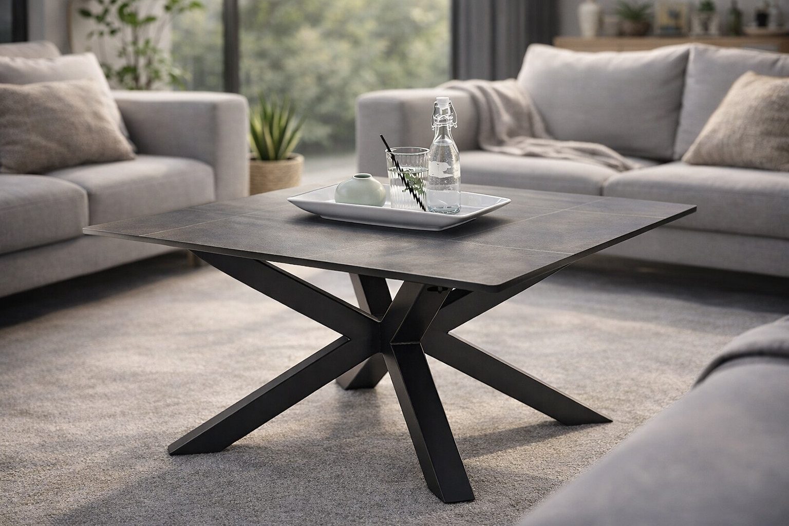 möbelando Couchtisch Janin, in grau, schwarz, Keramik, Metall - 80x45x80cm (BxHxT)