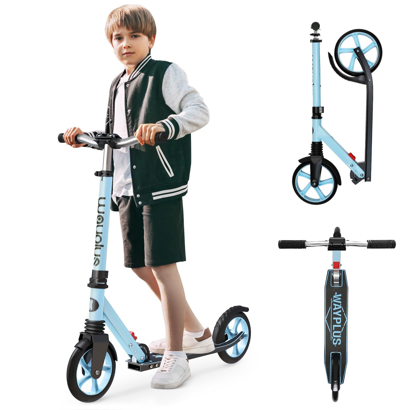 WAYPLUS Cityroller ab 6 Jahren, 108kg Belastbarkeit 205mm Räder ABEC9, (1 tlg), Klappbar Höhenverstellbar inkl. Tragegurt