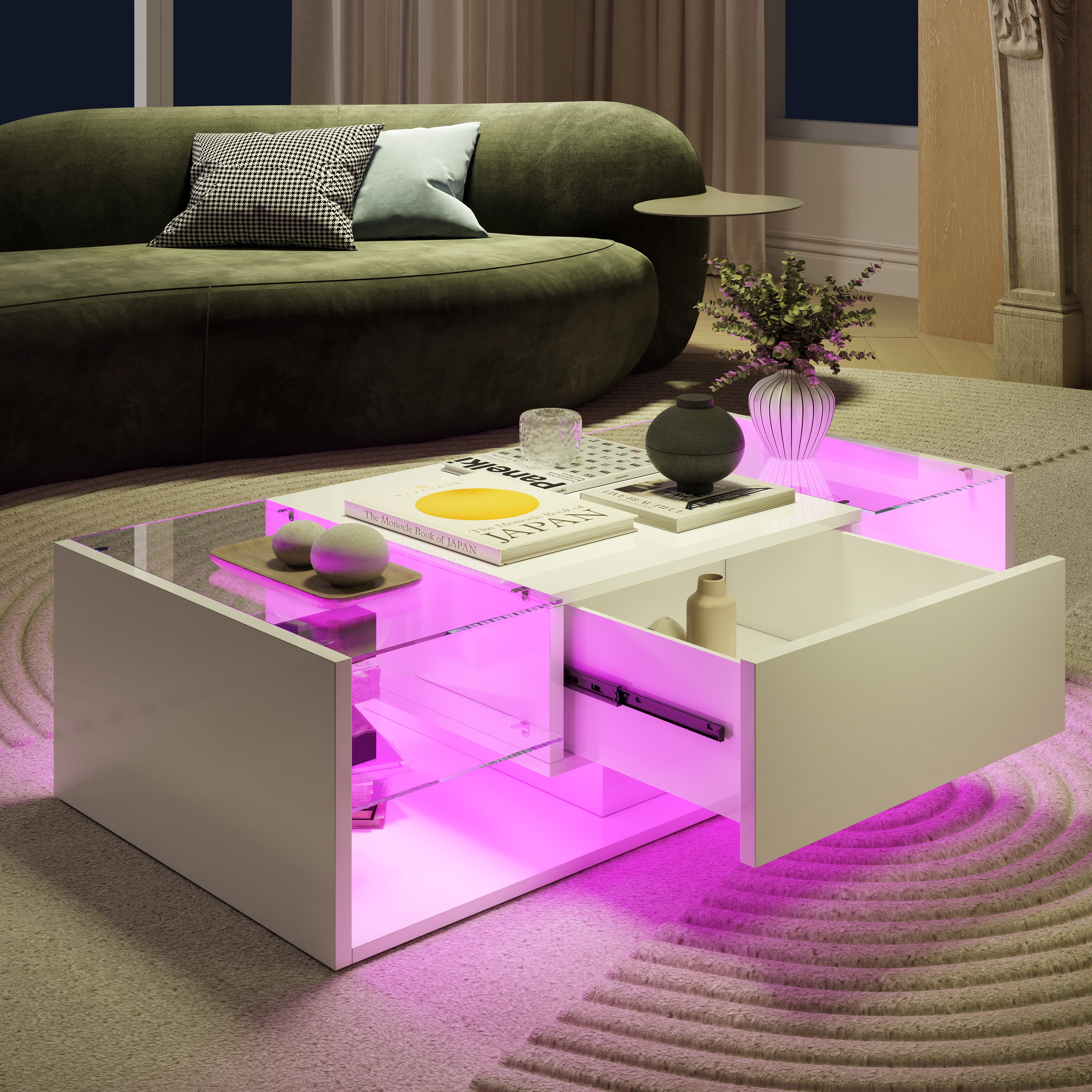 Furnishings Home Couchtisch Schreibtisch Beistelltisch LED Breite 104 cm (Hochglänzender quadratischer, 100 x 50 x 35 cm), Mit Vier Fächer und 16-farbigen variablen LED-Beleuchtung