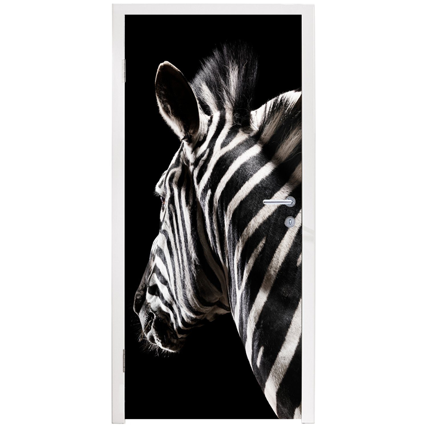 - 75x205 Schwarz - Matt, - Tier Tür, Türaufkleber, bedruckt, Fototapete (1 Porträt, Zebra für cm MuchoWow Türtapete St),