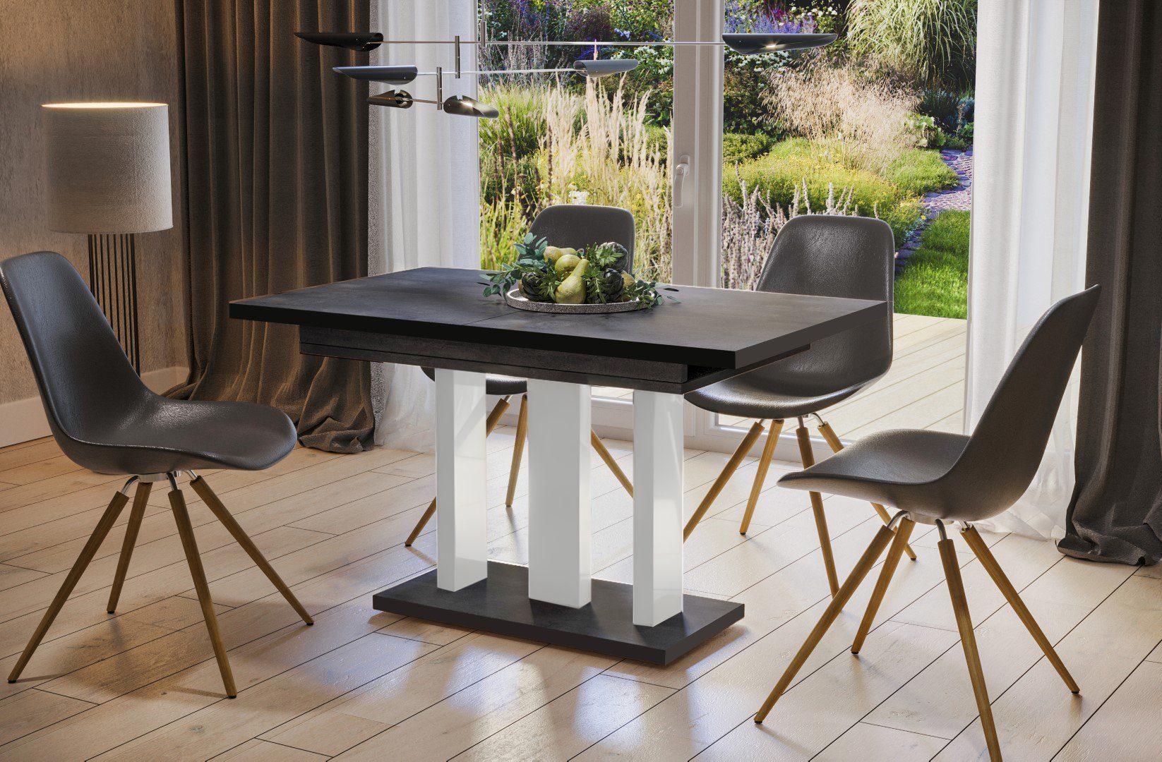 Endo-Moebel Säulen-Esstisch "Appia White Special" 130-210cm ausziehbar erweiterbar, Weiss Hochglanz Beine, Küchentisch, modern