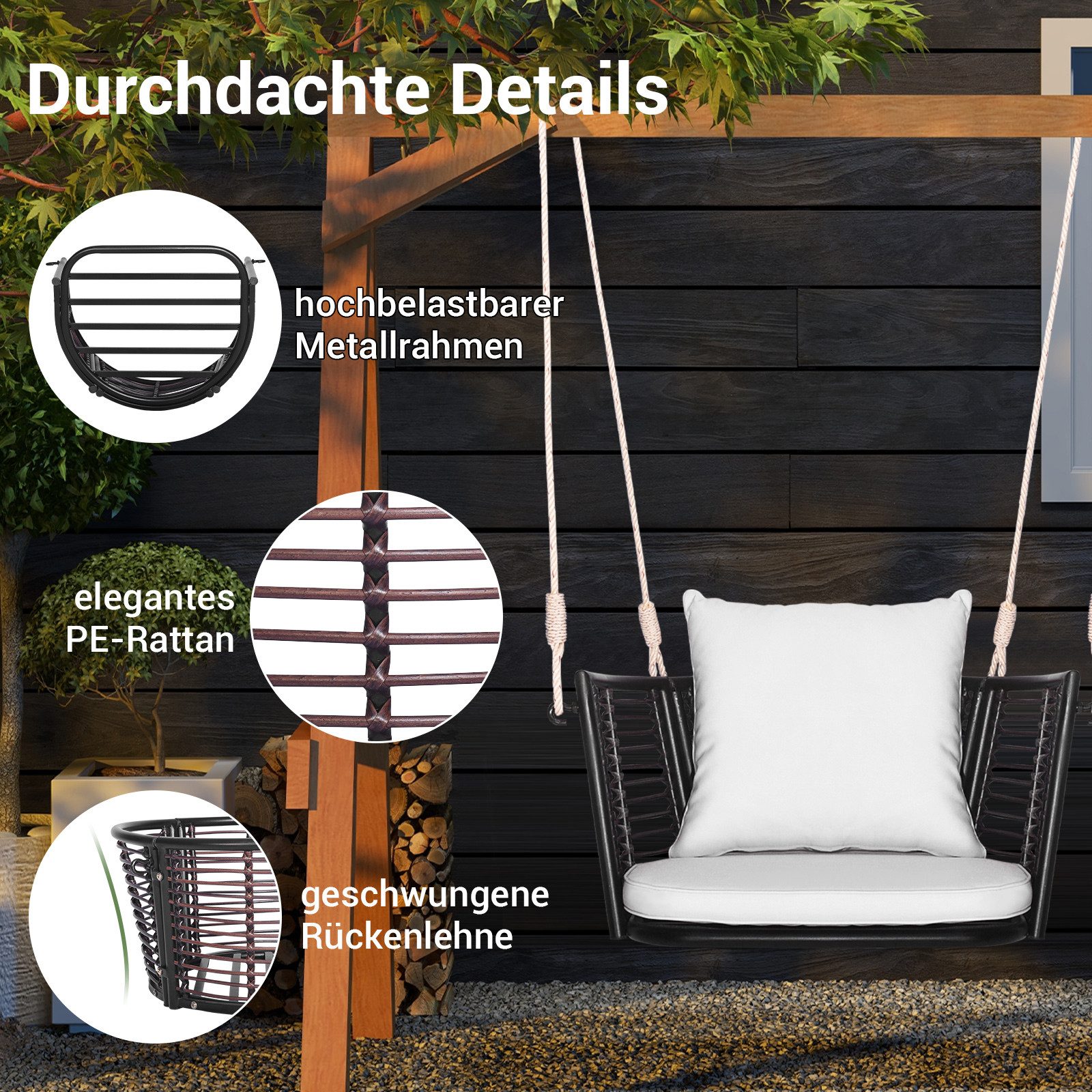 COSTWAY Hängesessel, ohne Gestell, mit Kissen, Rattan 180kg höhenverstellbar
