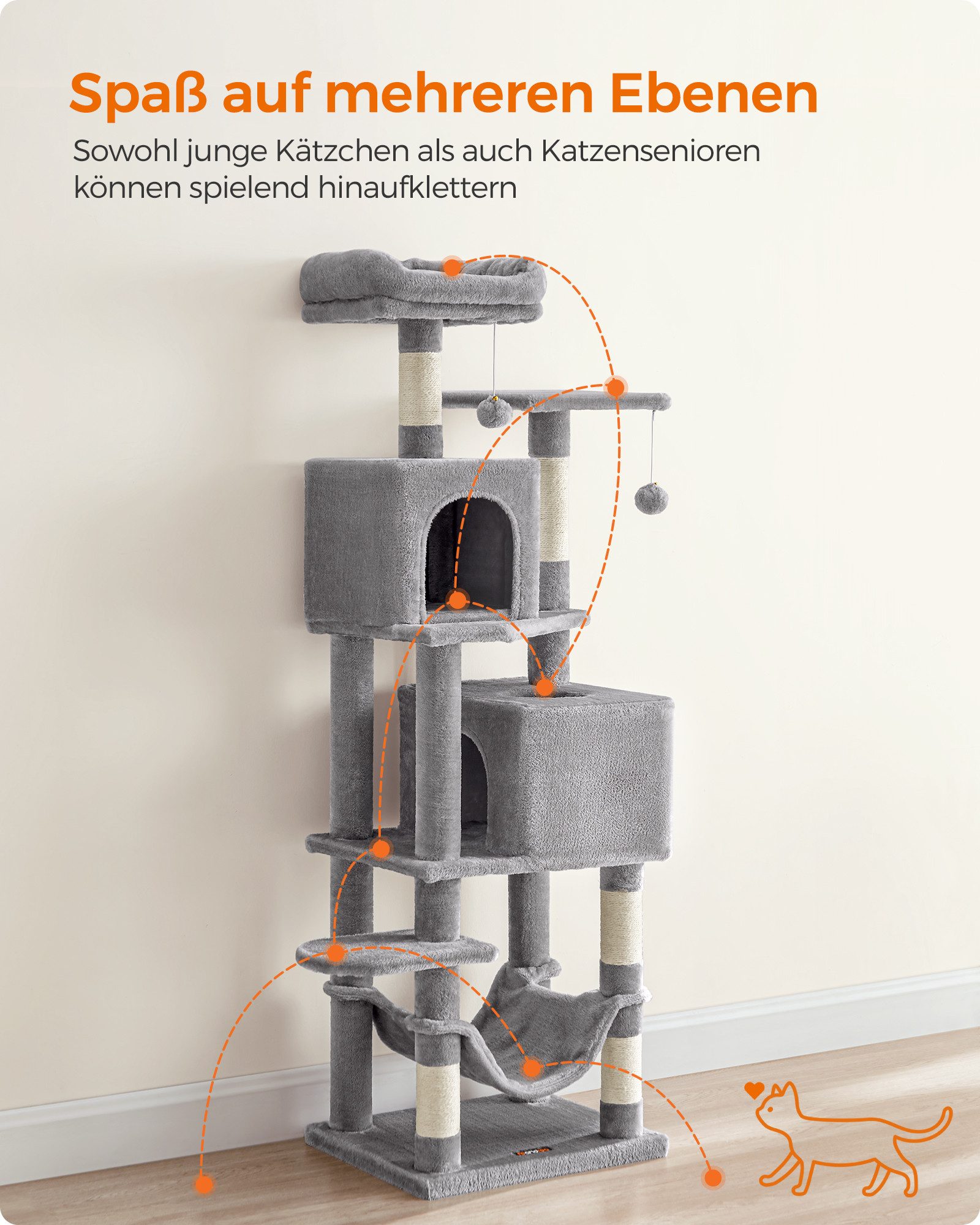 FEANDREA Kratzbaum stabiler, mit 2 Plattformen, 2 Höhlen, Hängematte und 2 Plüschbällen