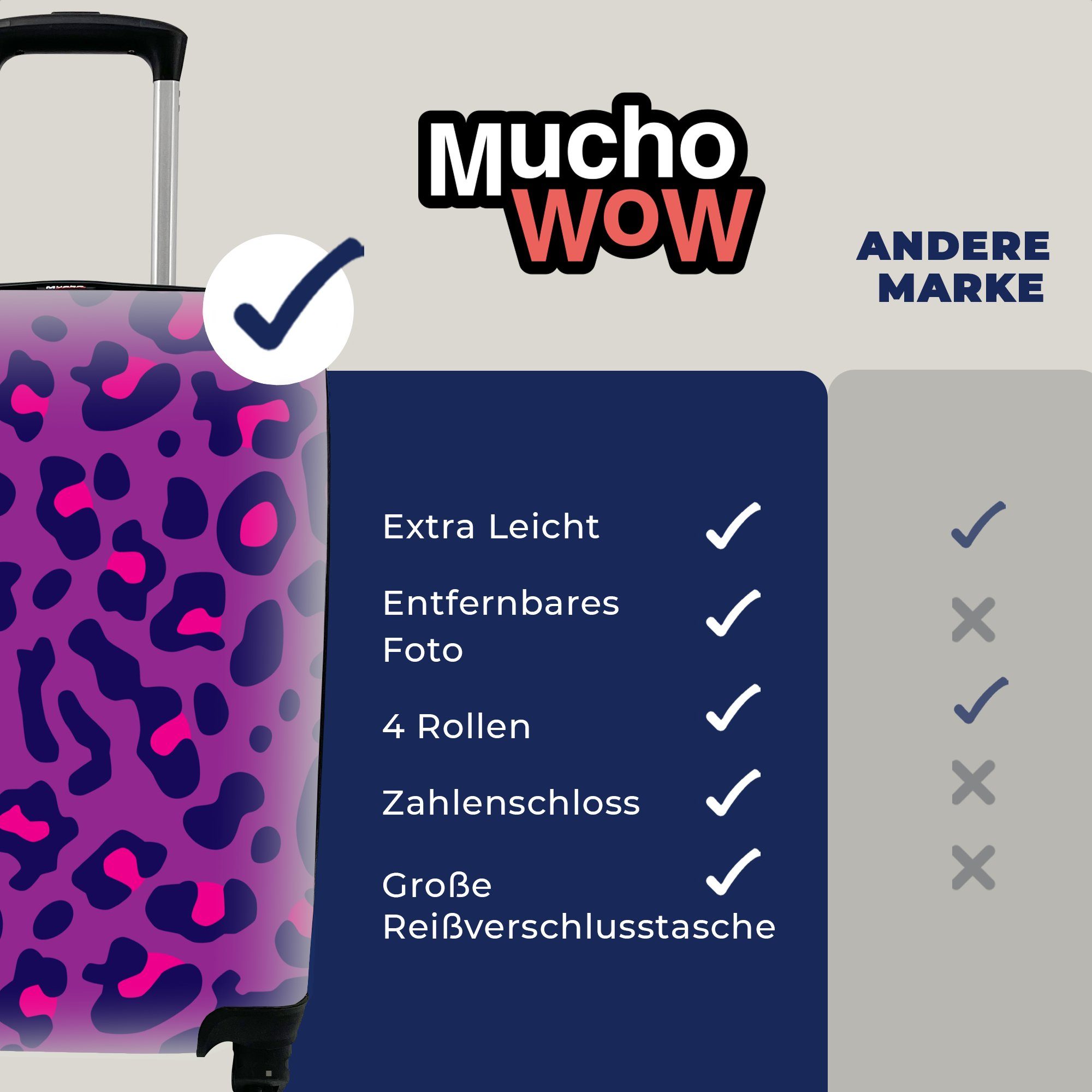 MuchoWow Reisetasche - - mit Trolley, Handgepäck für Pantherdruck Handgepäckkoffer Ferien, Rosa, 4 Rollen, Reisekoffer Lila rollen,