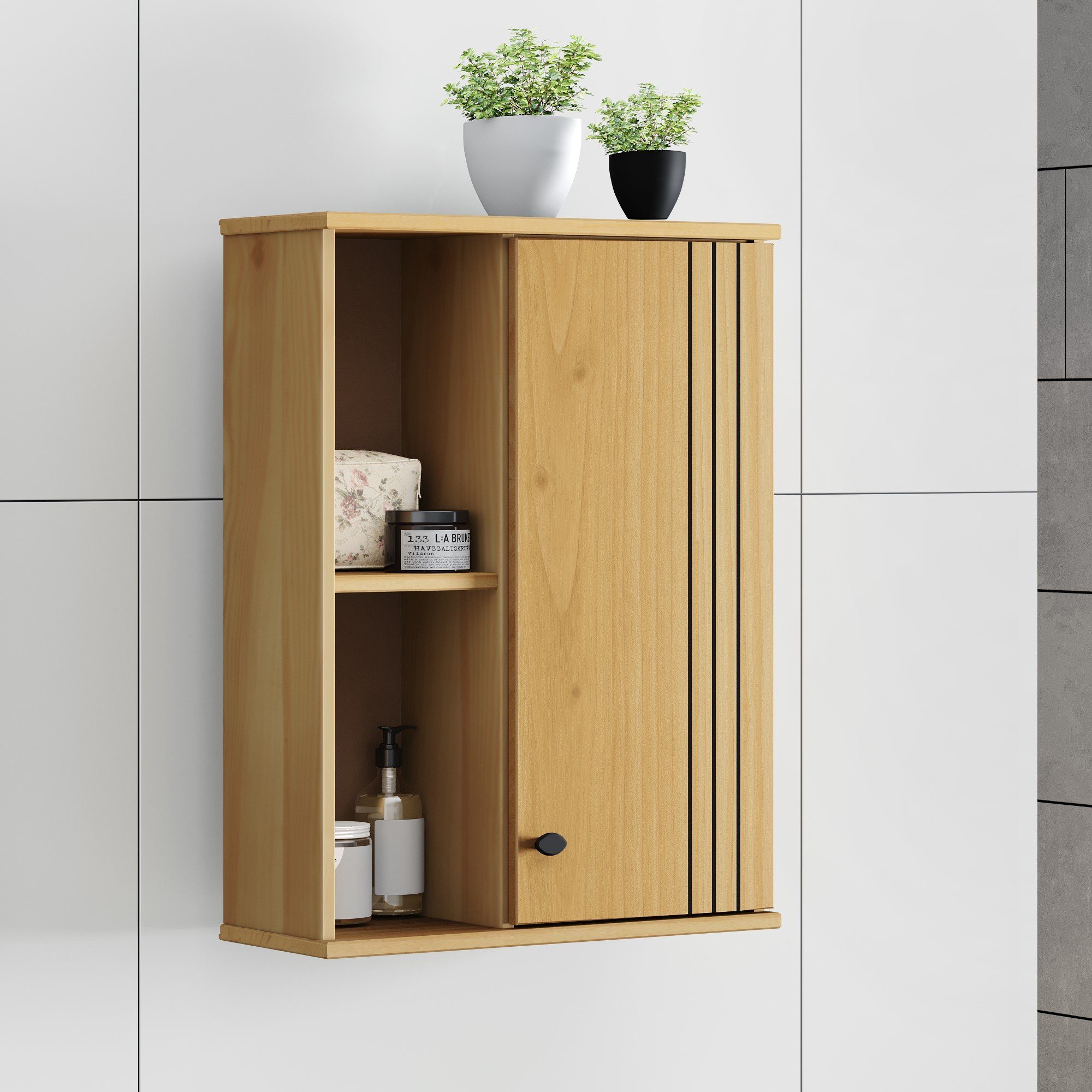 Woodroom Hängeschrank Sevilla Wandregal mit Türen Kiefer eichefarbig lackiert, BxHxT 52x70x21 cm