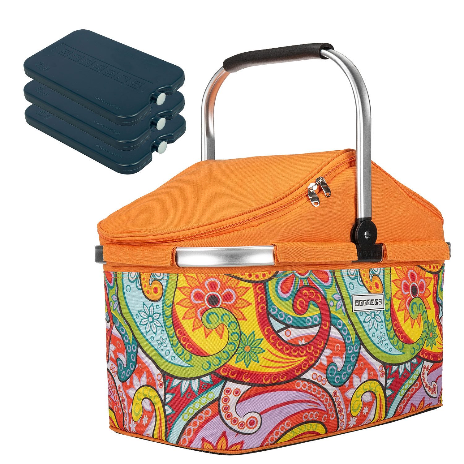 anndora Einkaufskorb thermo Shopper Kühlkorb mit Kühlakkus, 25 l, isolierter Deckel - 3 Kühlakkus - leichter stabiler Alurahmen