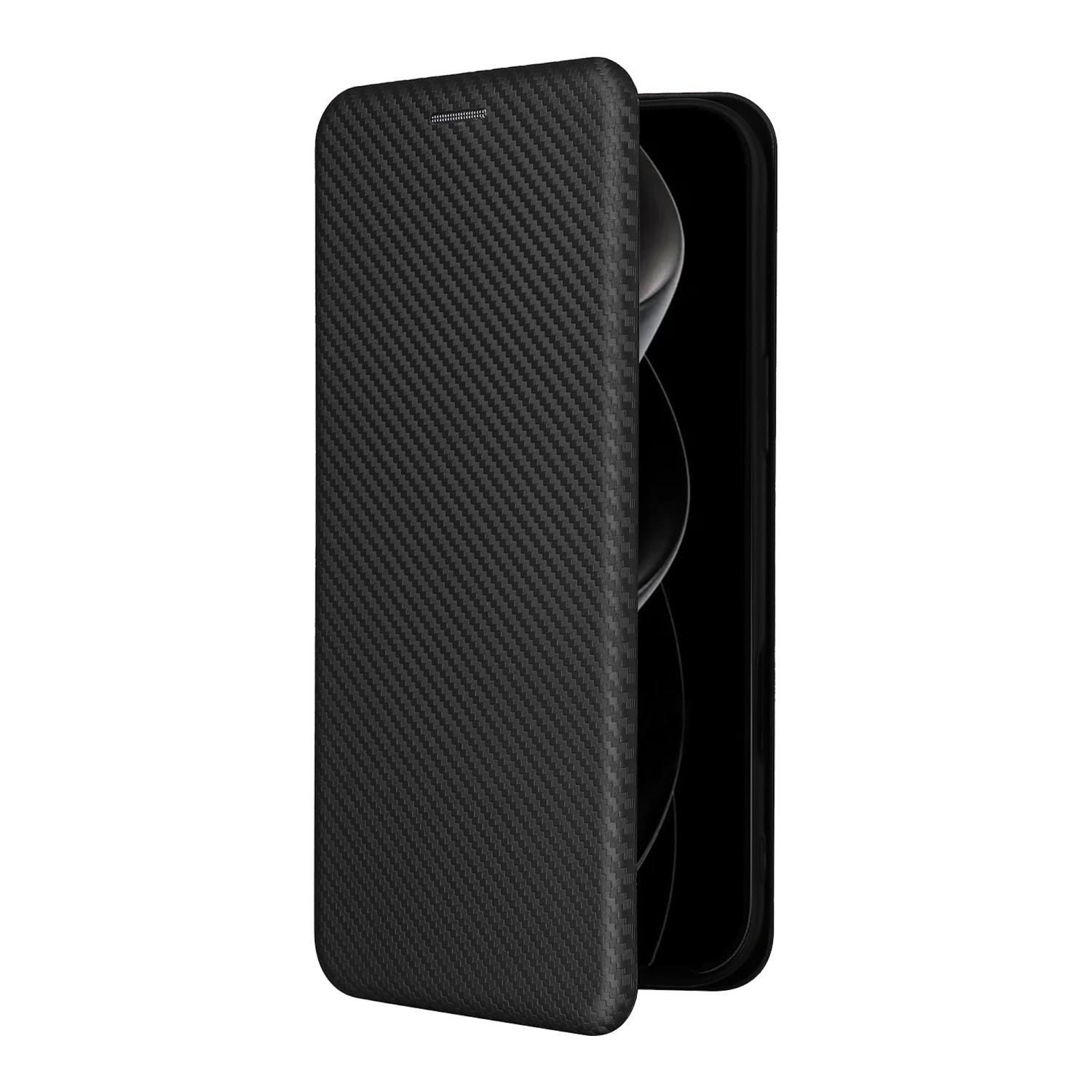 Wigento Smartphone-Hülle Für Apple iPhone 17 Pro Carbon Faser Textur Flip Schutz Hülle Schwarz, Carbon Faser Flip Schutzhülle mit Kartenfach und Ständer