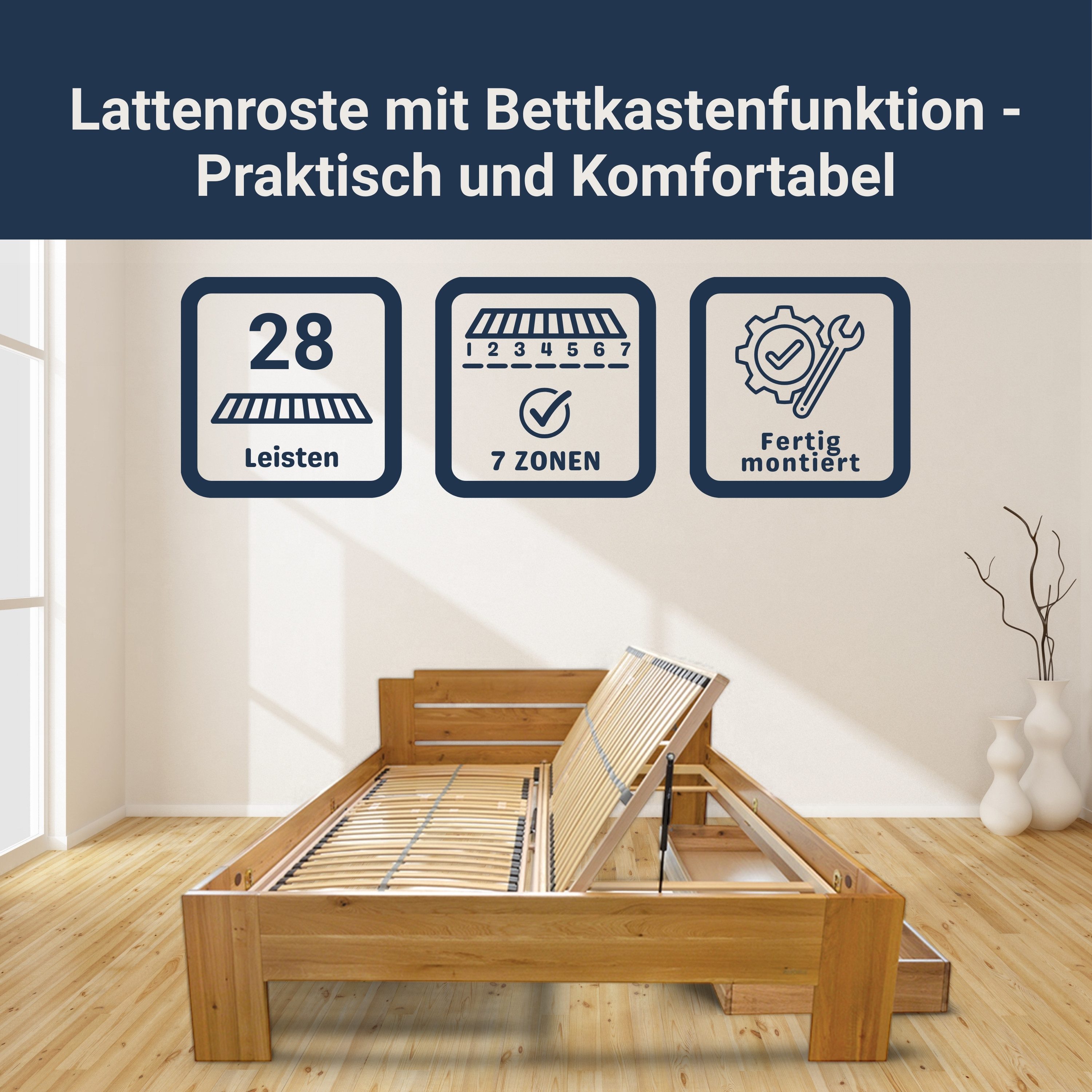 Lattenrost Lattenrost mit Bettkastenfunktion, Öffnung Vorn, Links oder Rechts, Betten-ABC, Kopfteil Öffnung nach Links, Fußteil Öffnung nach Links, Optimale Anpassung an den Körper, besondere Langlebigkeit, stabil