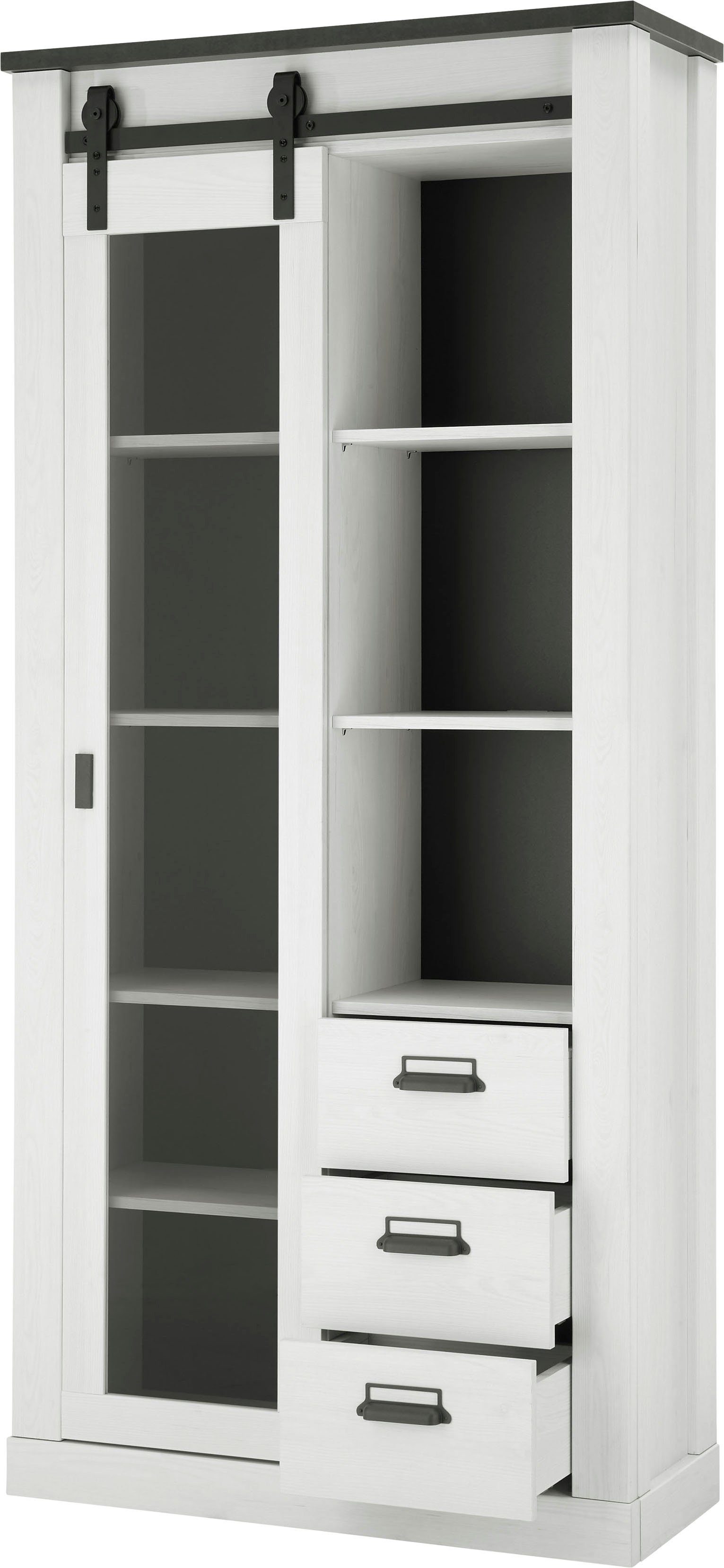 Home affaire Vitrine Sherwood, Hochschrank im Industrial-Style, moderne Glasvitrine Scheunentorbeschlag und Apothekergriffe aus Metall, Höhe 201 cm