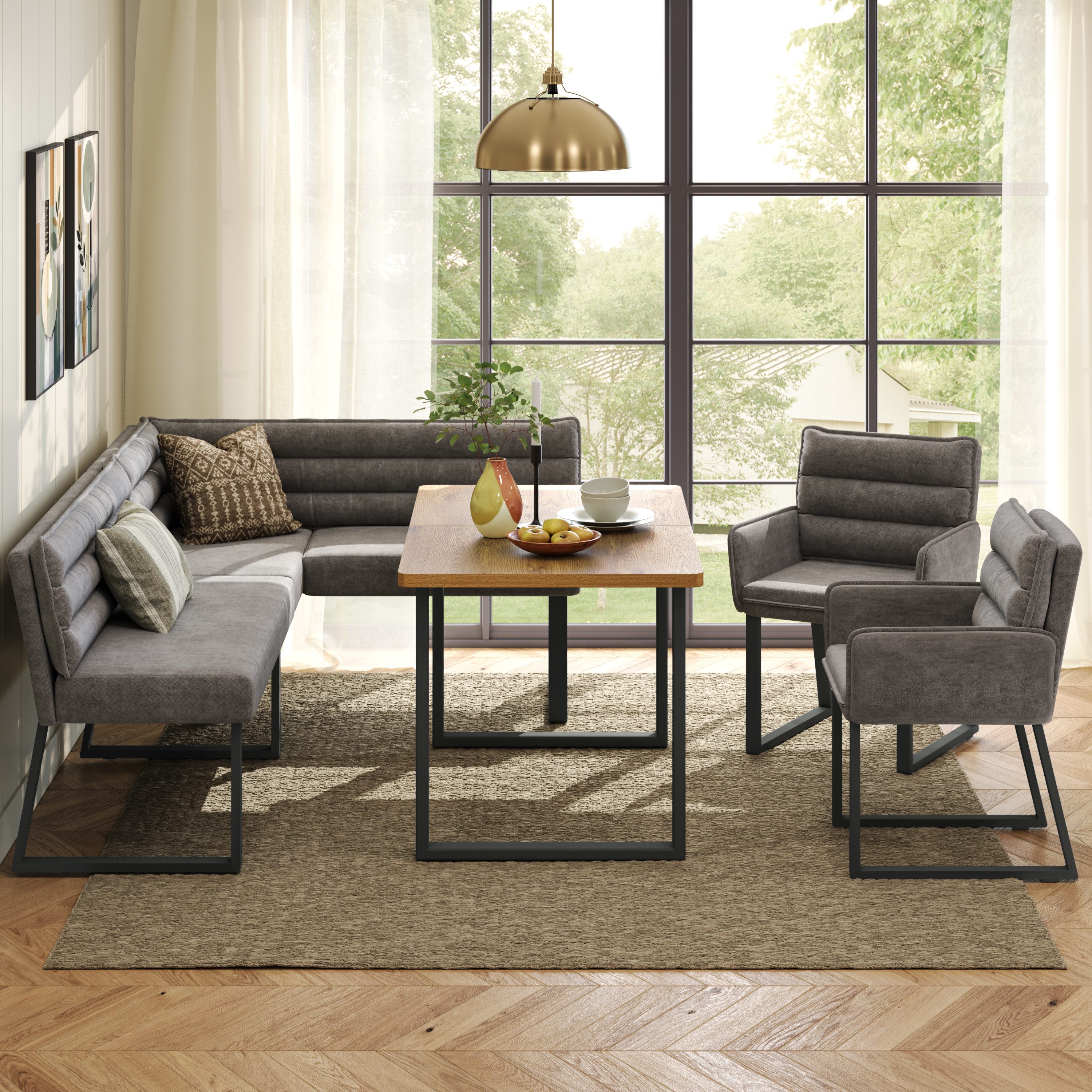 OKWISH Eckbankgruppe 4-tlg. mit Tisch 140x80 cm in Grau/Holzfarbe mit Chenille-Bezug, (Set, 4-tlg., Inkl. Eckbank, 2 Stühle & Esstisch für Küche & Essbereich), Platzsparende Tischgruppe für Eckaufstellung