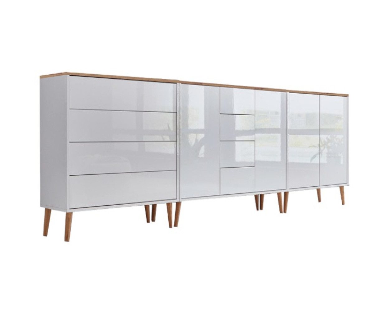 BMG Möbel Kommode Sideboard Mailand Set 11 in verschiedenen Ausführungen (3tlg), mit weiß lackierten Hochglanzfronten und Push-to-open-Funktion