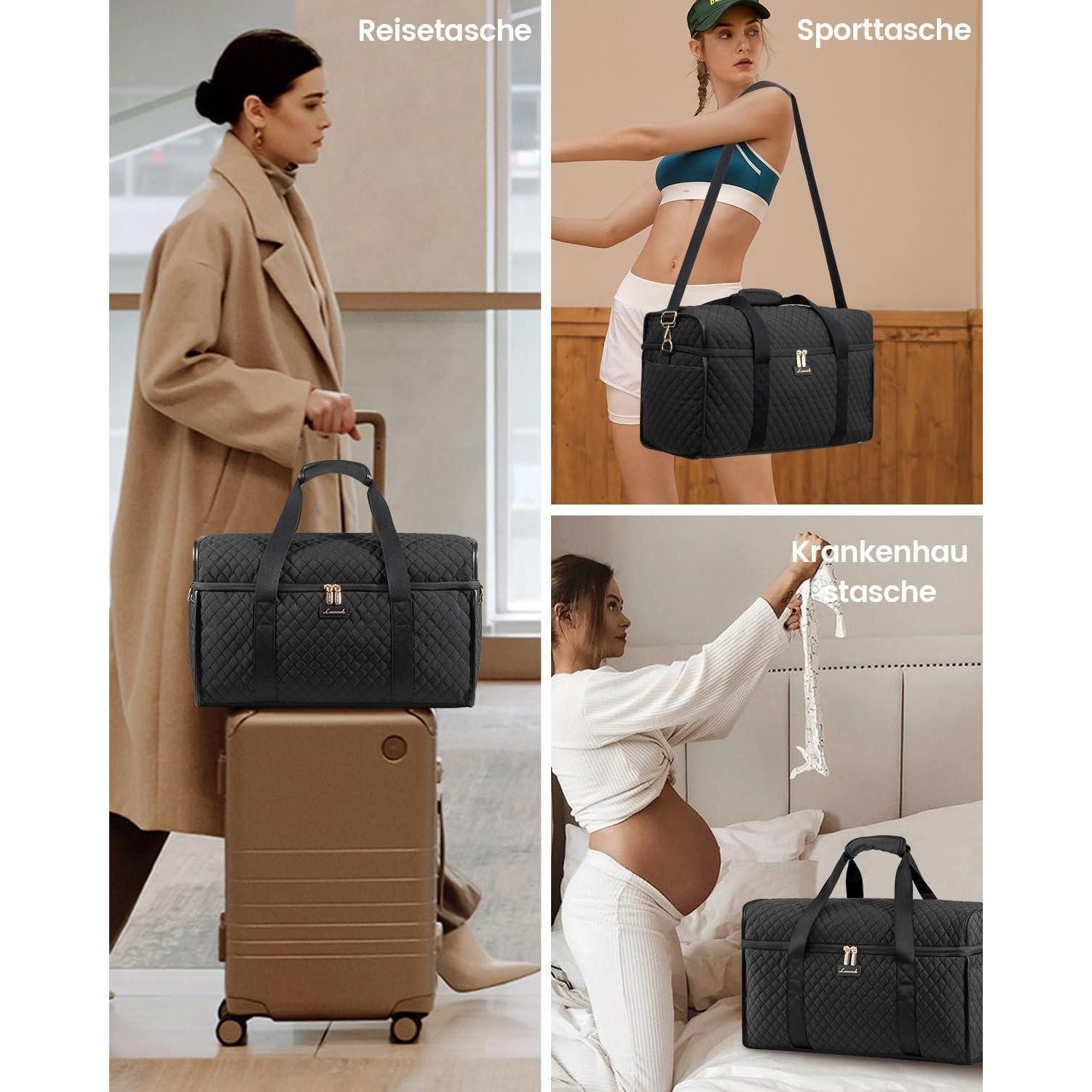 LuxusKollektion Weekender Reisetasche Damen Große Öffnung Schwarz Wasserdicht Krankenhaustasche