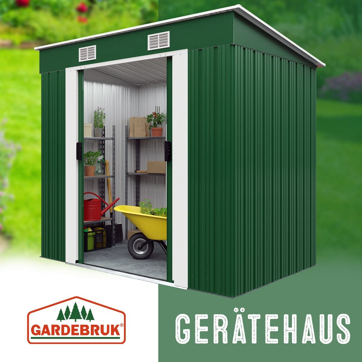Thumbnail - Gardebruk Gerätehaus, BxT: 122x196 cm, L Metall 2m² mit Fundament 196x122x182cm Schiebetür Grün