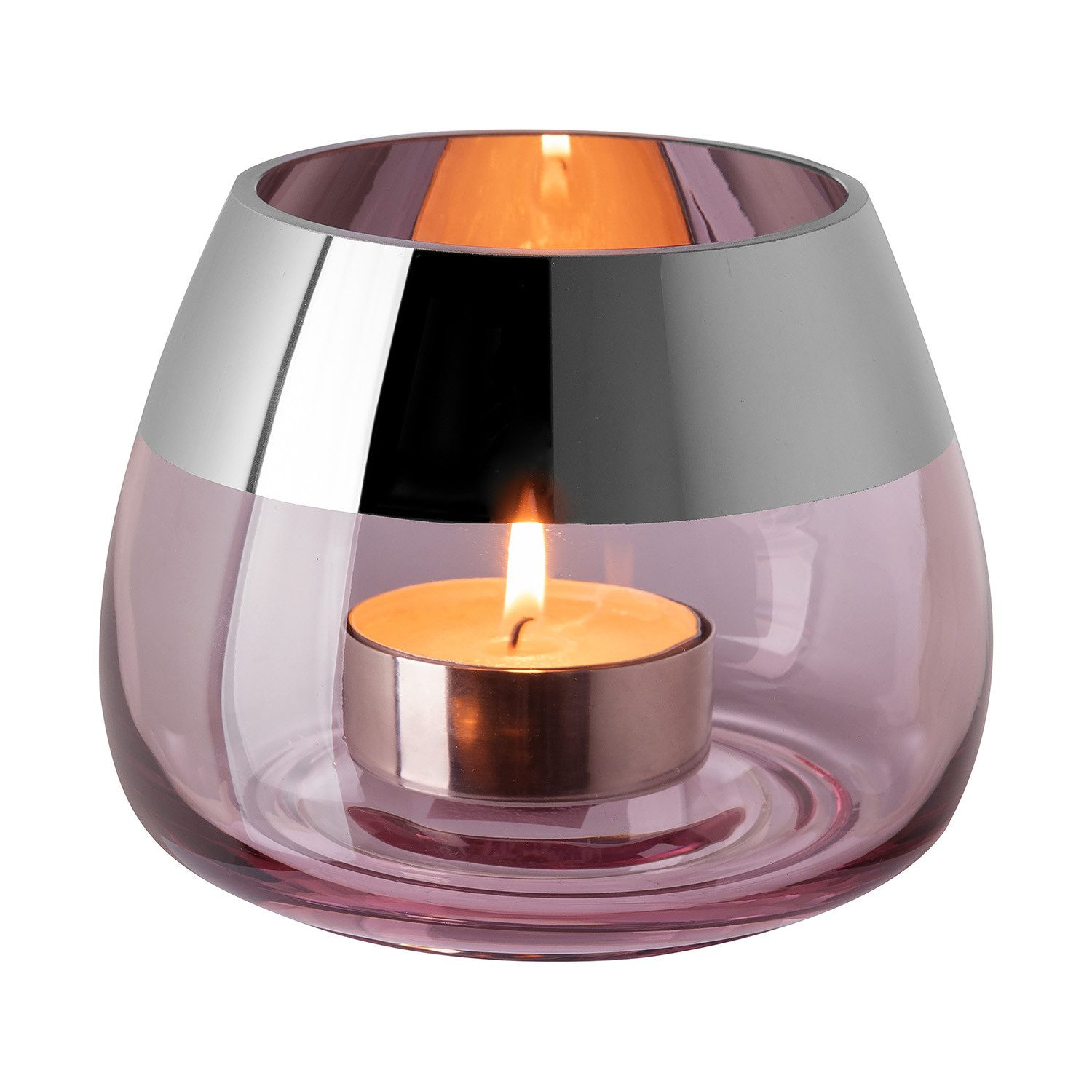 Fink Teelichthalter BELLA Teelichthalter - H.11,6cm x D.15cm - Glas - rose/silberfarben (Windlicht, Teelichtglas - Teelichtkerzenhalter), Edles Glas-Windlicht: Kerzenhalter für Stumpenkerzen & Kerzenleuchter