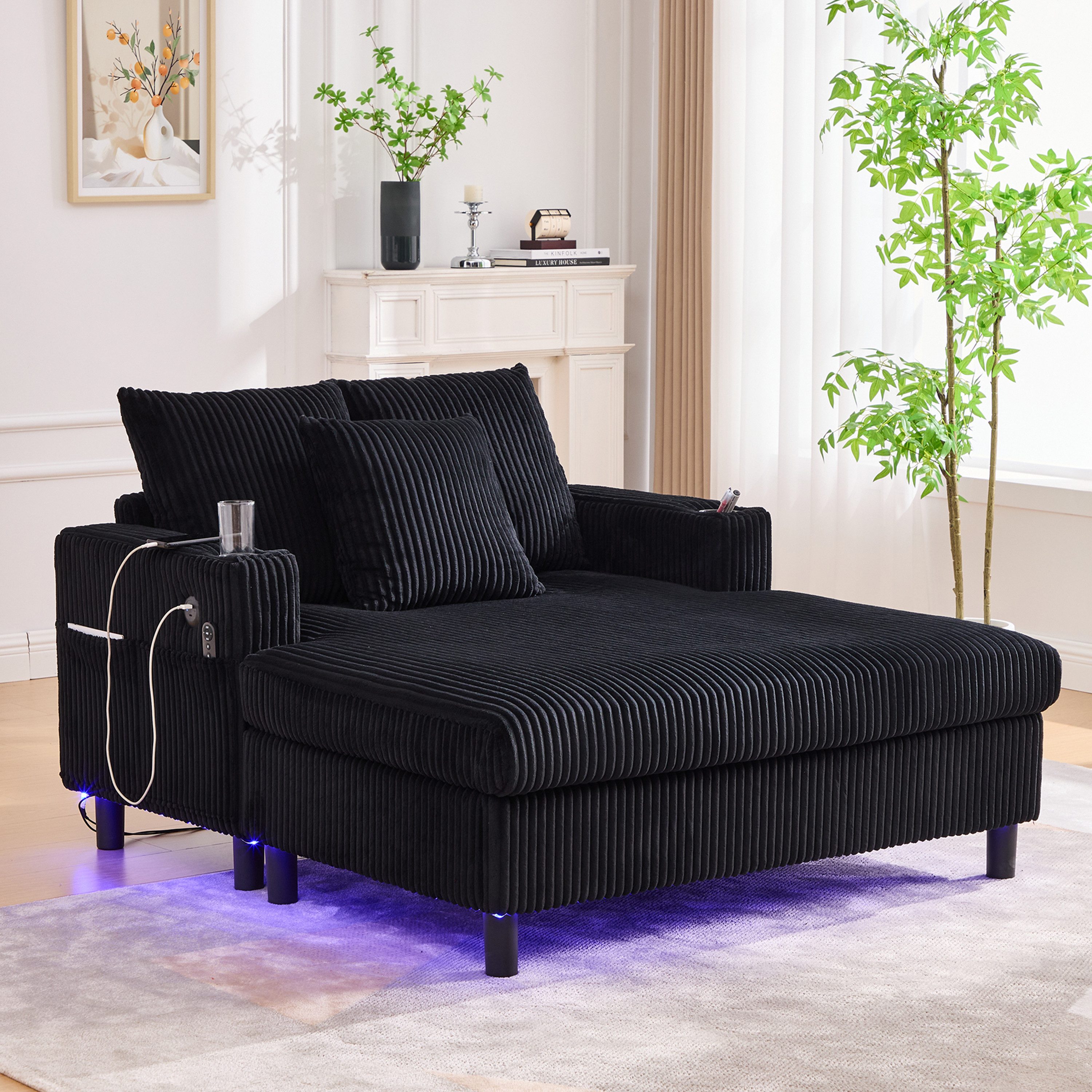 MODFU Loungesofa mit USB-Anschluss & Getränkehalter, ergonomisch, Übergroßer LED-Chaiselongue-Sessel,Polsterstuhl