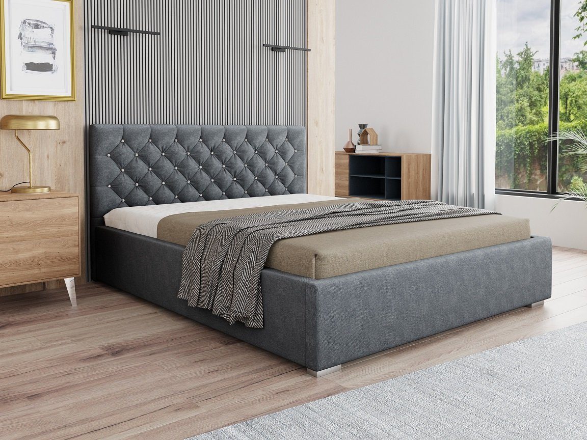 Deine Möbel 24 Polsterbett Boxspringbett Komplettbett Ehebett SOFIA (120x200 140x200 160x200 180x200 200x200 Top Qualität), inkl. Lattenrost, Matratze optional Velour Paros 06 Dunkelgrau