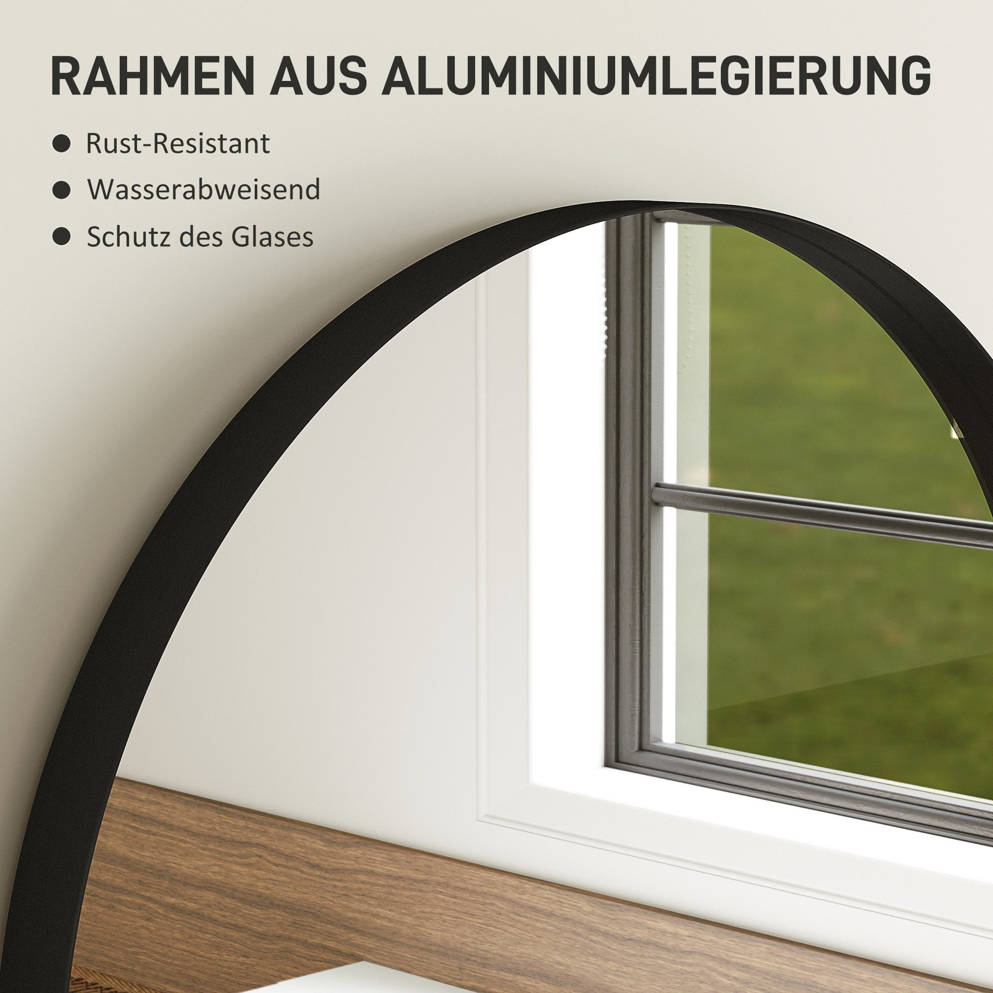 HOMCOM Badspiegel Bogen Wandspiegel mit Splitterschutzfolie mit Aluminium-Rahmen (Spiegel, 1-St., Badezimmerspiegel), für Badezimmer, Schlafzimmer, Schwarz – Bild 4 von 5