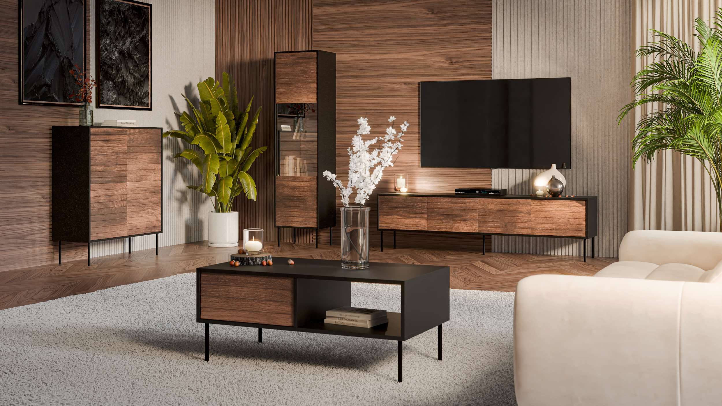 99rooms Wohnwand Corn, (Set (4-St), Wohnmöbel), bestehend aus Kommode, Vitrine, Couchtisch, Lowboard