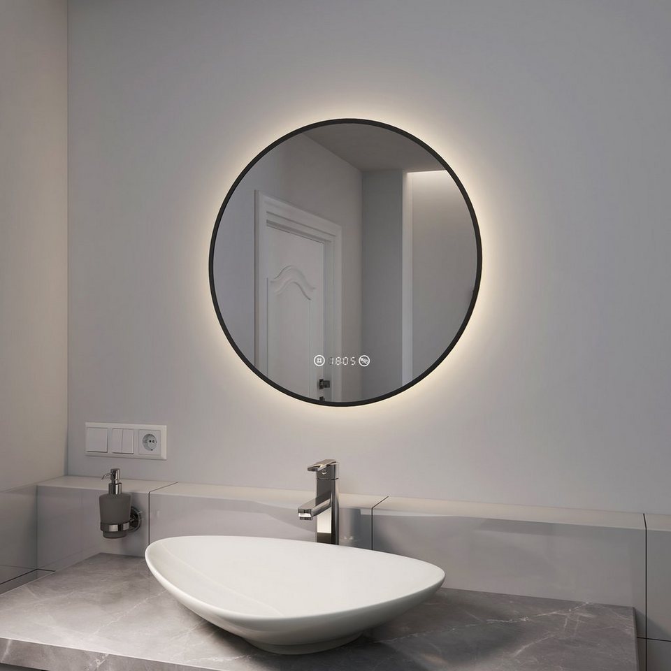 emke badspiegel emke led badspiegel rund spiegel mit beleuchtung schwarz,  mit touch, antibeschlage, uhr, temperatur, dimmbar, memory-funktion