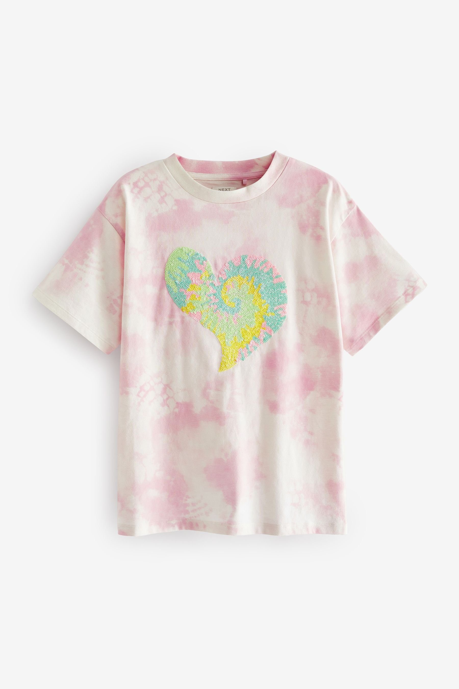 Next T-Shirt T-Shirt mit (1-tlg) Dye Tie Heart glänzendem Paillettenherz Pink