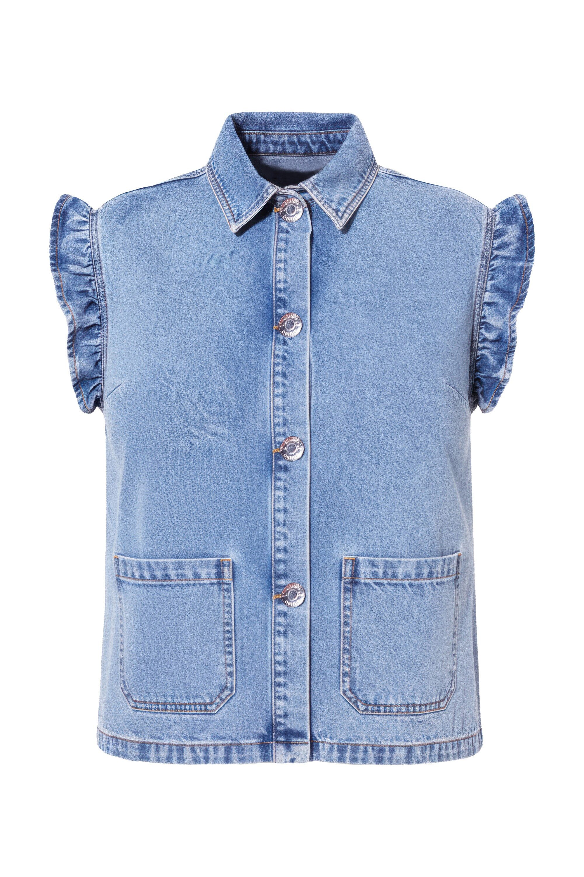 Studio Untold Steppweste Jeansweste Boxy Shape hellgewaschen Arm-Rüsche