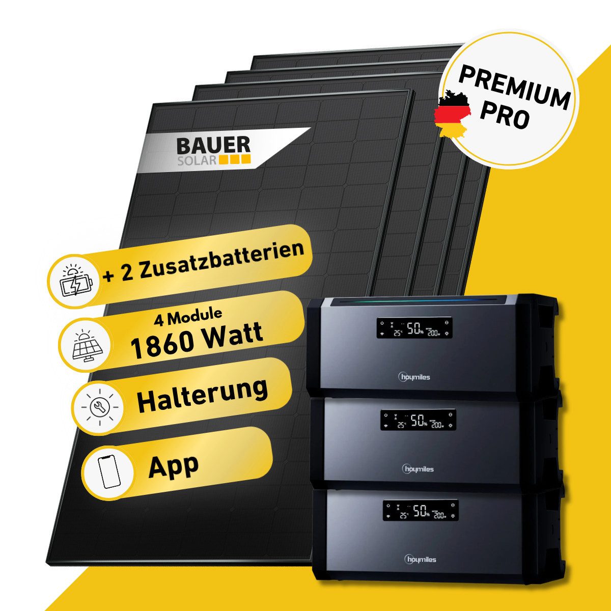 Balkonstrom Balkonkraftwerk PREMIUM Pro 1860 Watt Solaranlage mit Speicher Komplettset Bifazial, 1860 W, Monokristallin, (4x BAUER Solarmodul á 465 Watt, 1x Hoymiles HiBattery 1920 AC, 1-5 Zusatzspeicher Hoymiles HiBattery), Halterung für Dach, Fassade, Balkon & Garten, App & Plug&Play DE