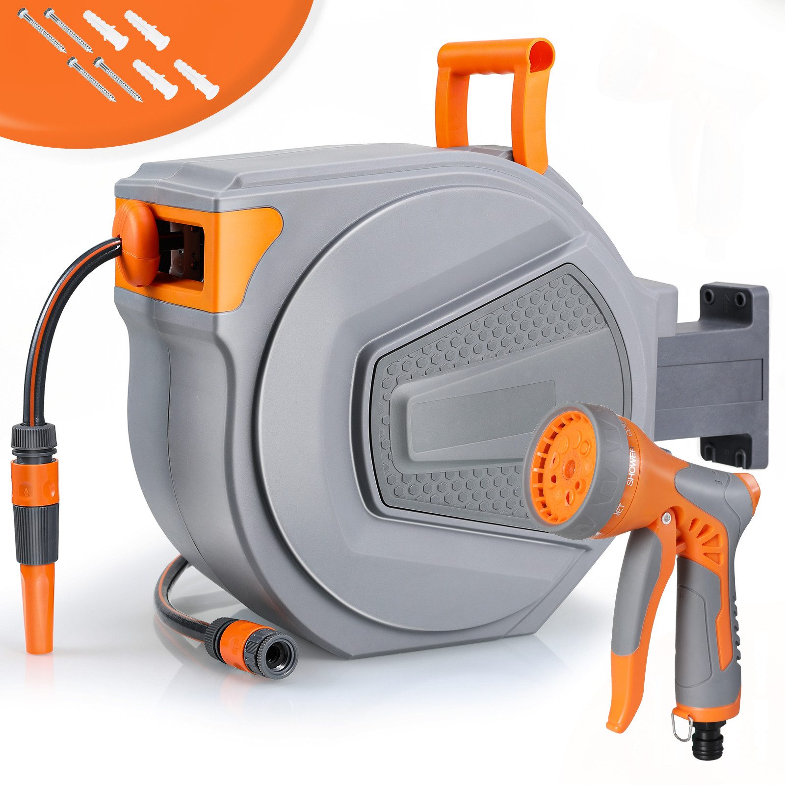 TLGREEN Gartenschlauch Automatischer Schlauchaufroller Wand-Schlauchbox, Schlauchtrommel mit automatischer Aufrollfunktion & Verriegelung, (Grau-Orange & Schwarz-Gelb, für Gartenbewässerung, Autowäsche), 180° schwenkbar, 9-Funktionen Handbrause, (20m+2m /