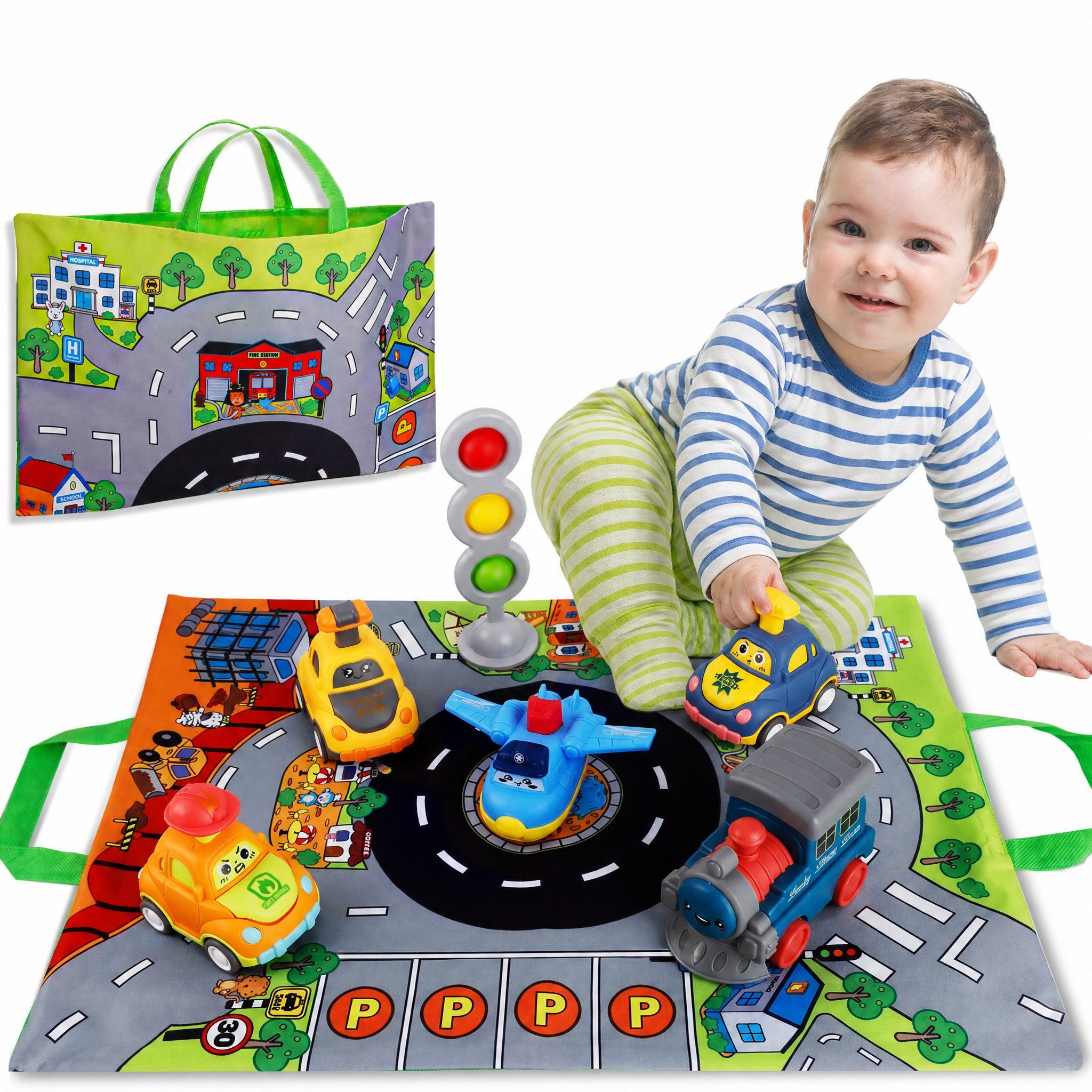 Wootoy Spielzeug-Auto Spielzeug-Baumaschine 3-in-1 Baustellen-Spielset Lernspielzeug, (mit 5 Rückziehfahrzeugen Aufbewahrungstasche mit Tragegriff, 5-tlg., Press- und Rückziehmechanismus sorgt für Fahrspaß ohne Batterien), Stadtkarte für kreatives Lernen und Rollenspiele