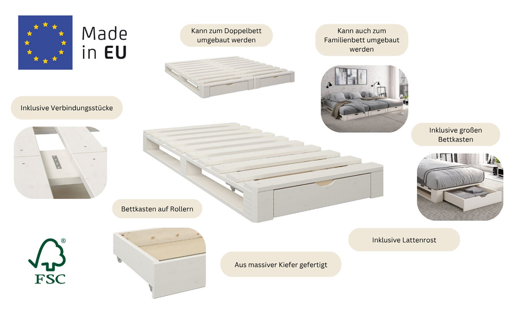 OTTO home Palettenbett "ALASCO " BESTSELLER! Mit Schublade, zertifiziertes Massivholz, erweiterbar zum Doppel- oder Familienbett