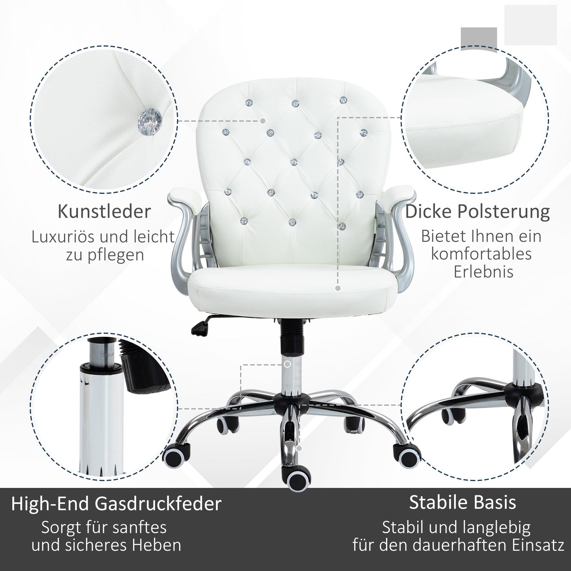 Vinsetto Bürostuhl Homeoffice Stuhl mit Kunstlederoptik höhenverstellbar Drehstuhl (Chefsessel, 1 St), für Wohnzimmer, Büro, Weiß – Bild 5 von 5
