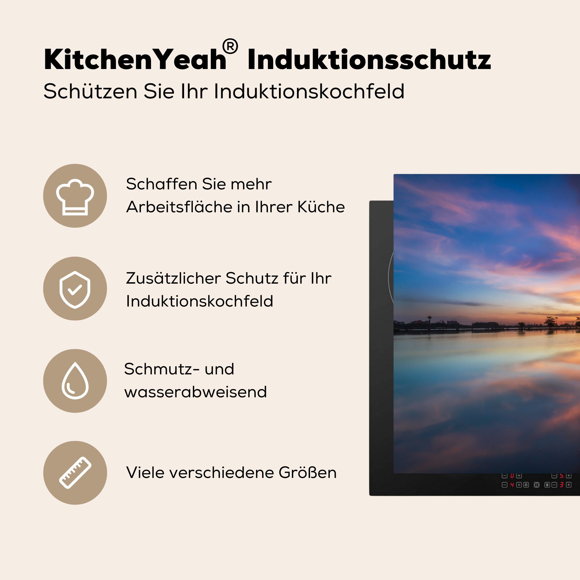 Ceranfeldabdeckung die 81x52 für Vinyl, cm, - Induktionskochfeld Sonnenuntergang Schutz - Orange MuchoWow Wasser - tlg), Boot Herdblende-/Abdeckplatte küche, (1 - Wasser,