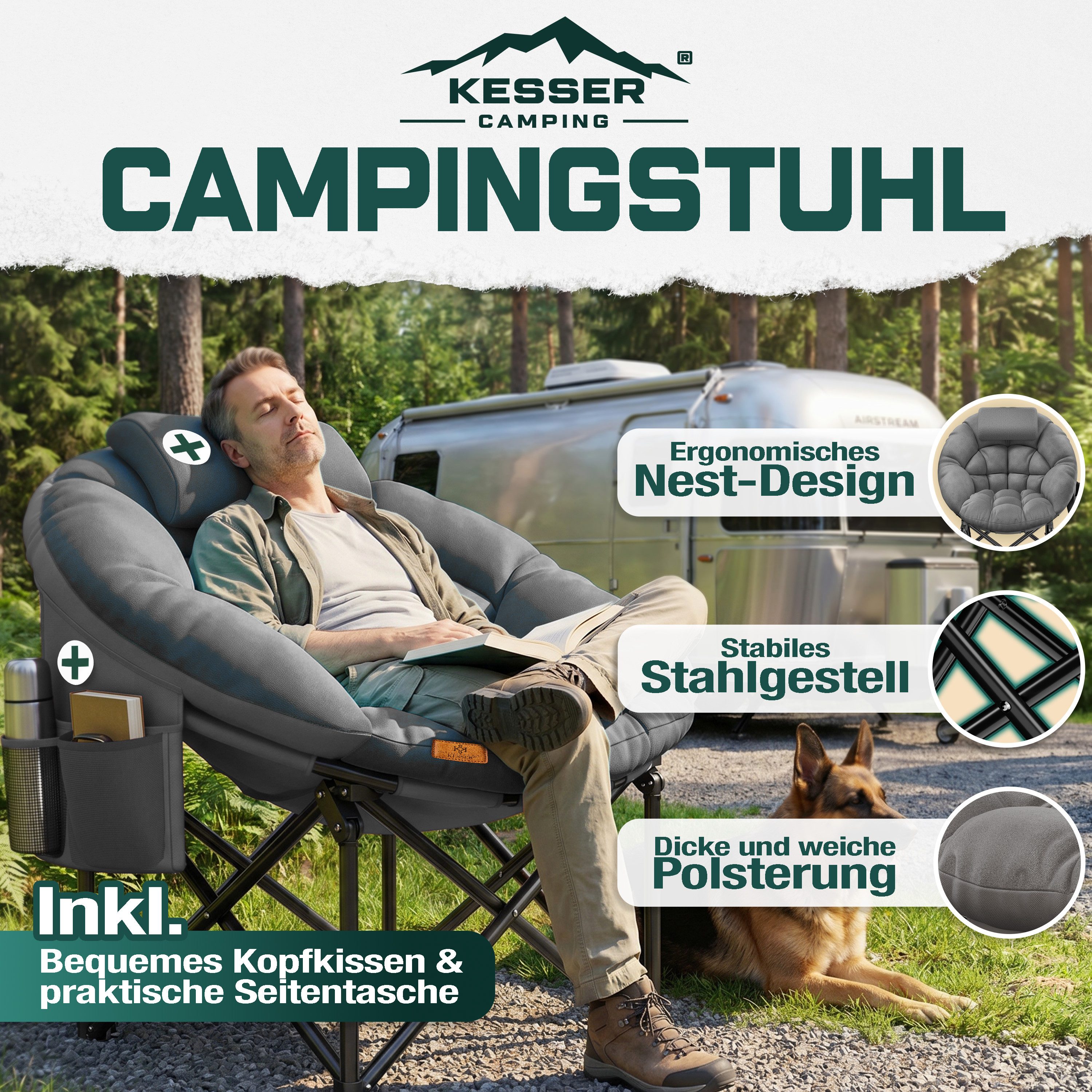 KESSER Campingstuhl XXL faltbar, bis 150 kg, inkl. Kissen, Seitentasche & Cover, Outdoor + Indoor für Camping, Angeln, Festival & Strand – Bild 2 von 5