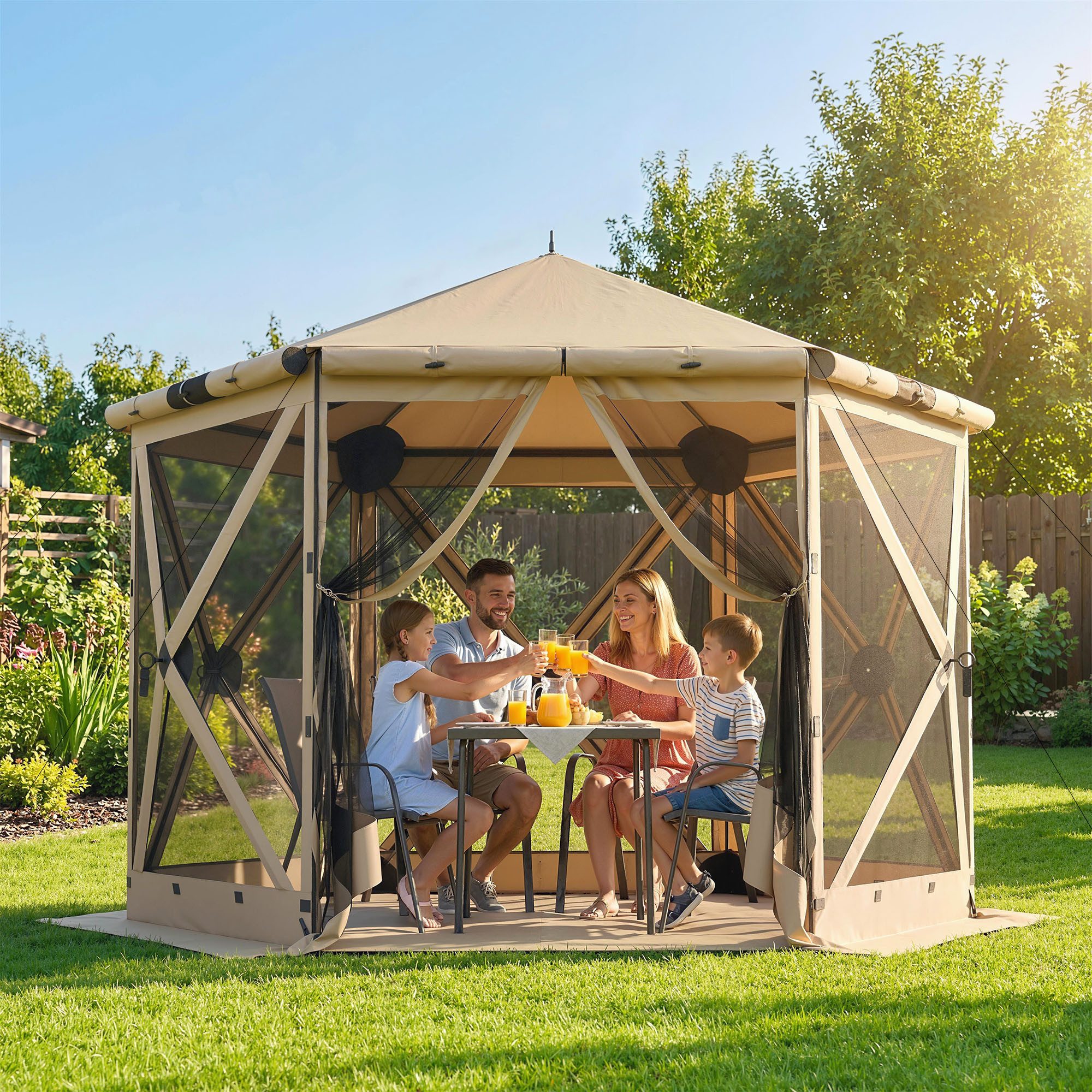 Outsunny Faltpavillon Sechseck-Pavillon, Partyzelt für Garten und Terrasse, Khaki, mit 6 Seitenteilen, (Set, inkl. Bodenmatte, Tragetasche, Erdnägel, Abspannseile), Pop-Up, wasserdicht, UV-Schutz, mit Bodenmatte