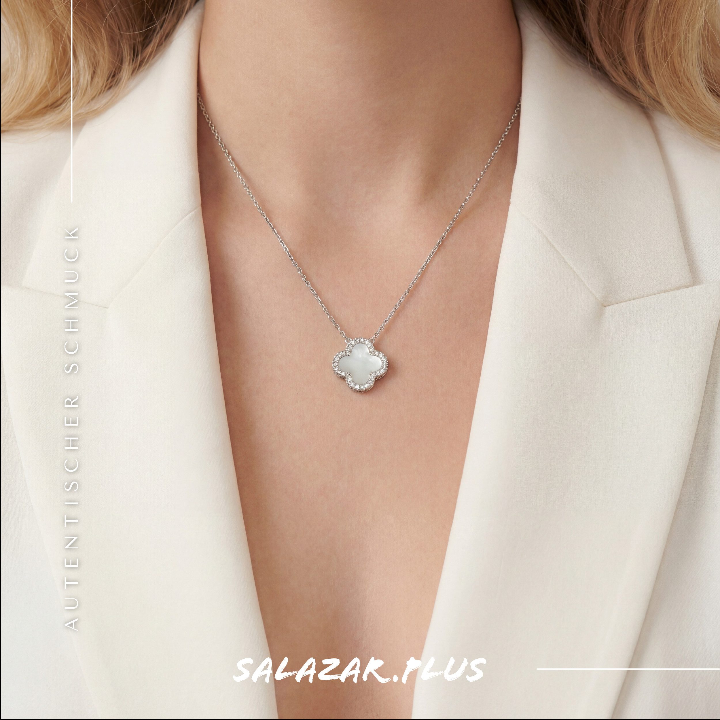 salazar.plus Kette mit Anhänger 925 Silberkette vergoldet vierblatt Kleeblatt mit Perlmutt Zirkonia, 925 Silberkette mit Kleeblatt, Perlmutt & Zirkonia – vergoldet