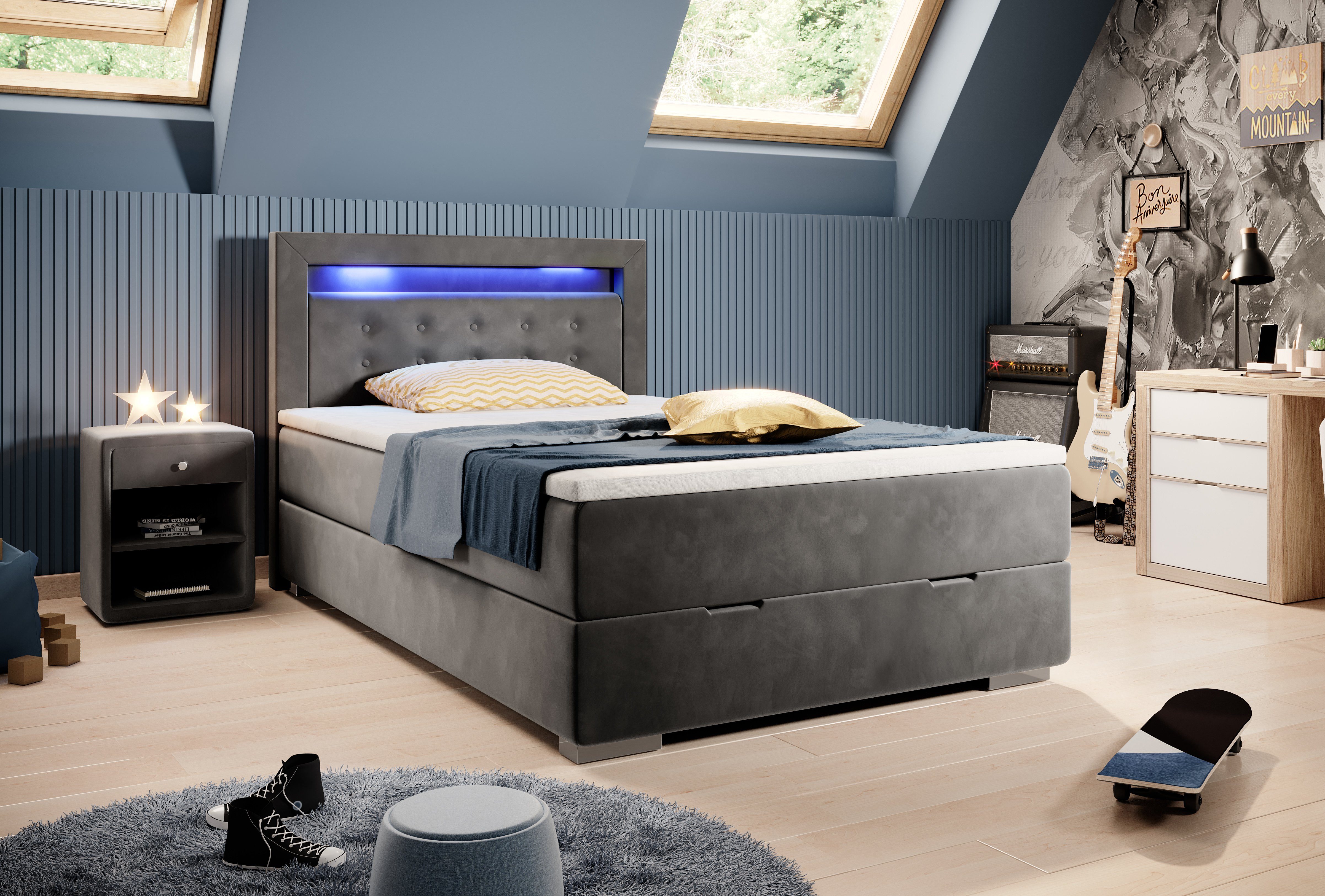 Möbel für Dich Boxspringbett Milano2 120x200cm mit Farbauswahl, LED-Licht und Bettkasten