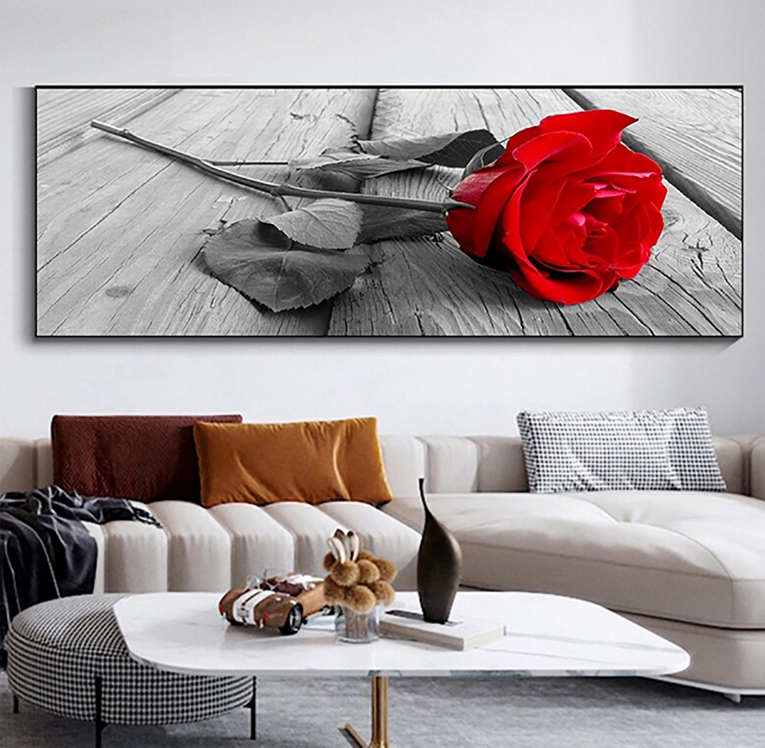 TPFLiving Kunstdruck (OHNE RAHMEN) Poster - Leinwand - Wandbild, Außergewöhnliche Blumenmotive in Breitbild-Format - (Leinwand Wohnzimmer, Leinwand Bilder, Kunstdruck), Farben: Gold, beige, rot, blau, weiß und rosa - Größe 50x150cm