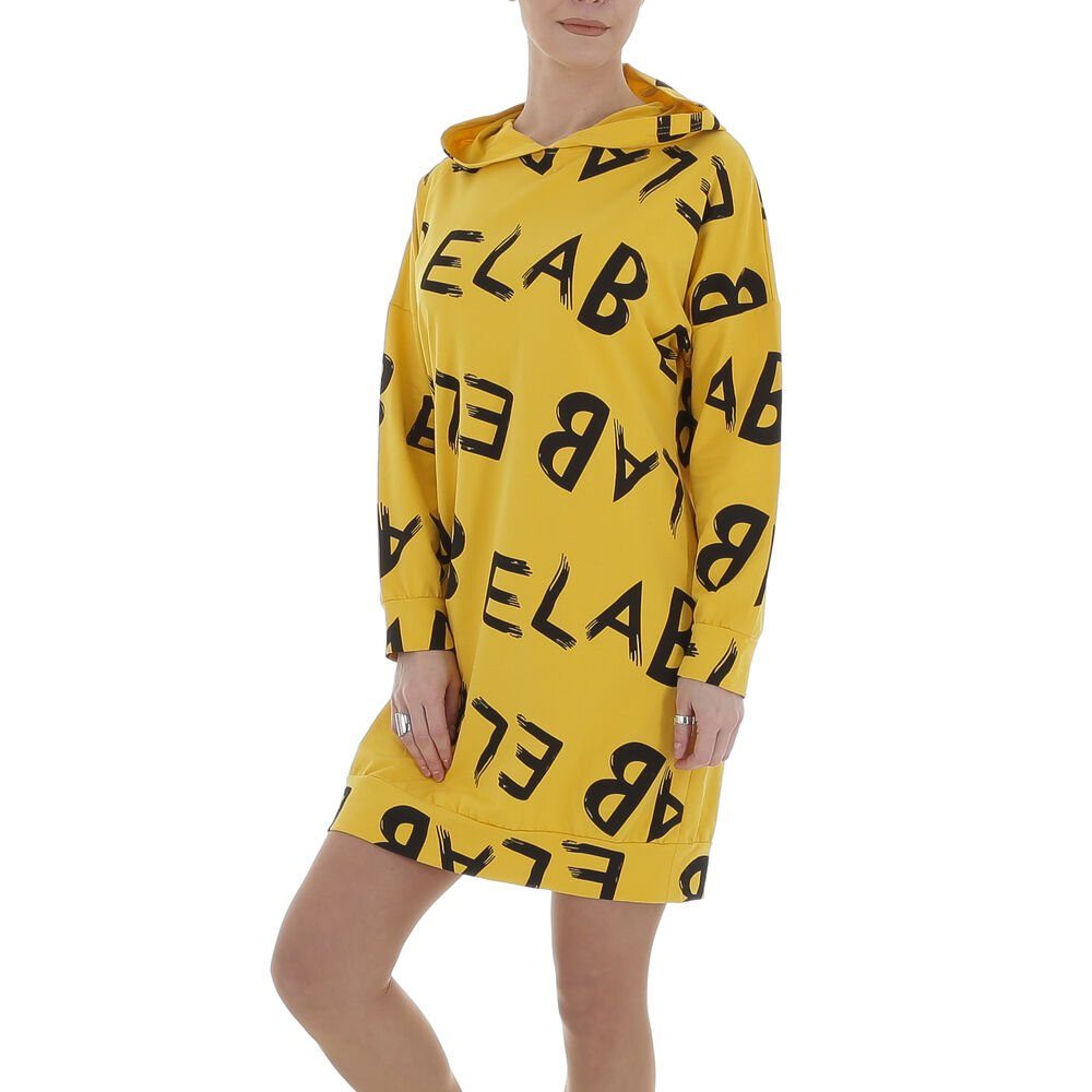 Ital-Design Shirtkleid Damen Freizeit Kapuze Textprint Stretch Minikleid in Gelb
