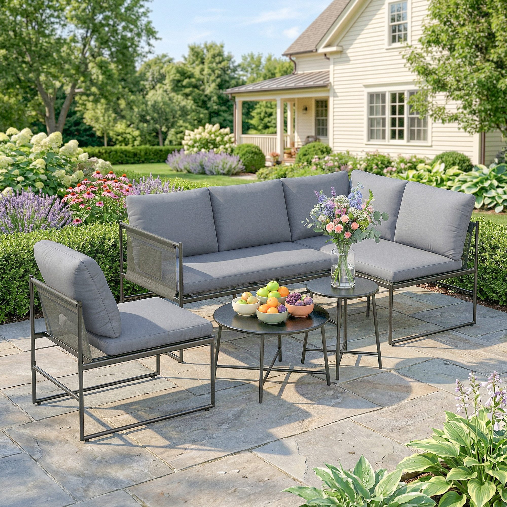 Outsunny Sitzgruppe 2-Sitzer Gartensofa, Couchtisch, dick waschbar Kissen, Netzsitze, (Gartenlounge Set, 5-tlg., Lounge Gartenmöbel Set), Dunkelgrau